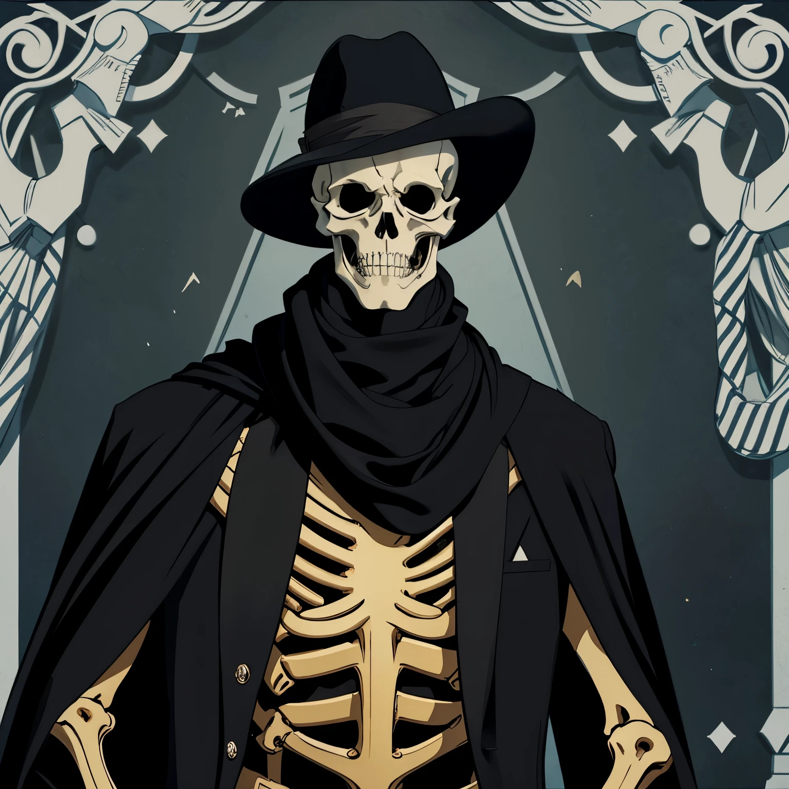 A skeleton with a black scarf around its neck、suit、gentleman、英国gentleman