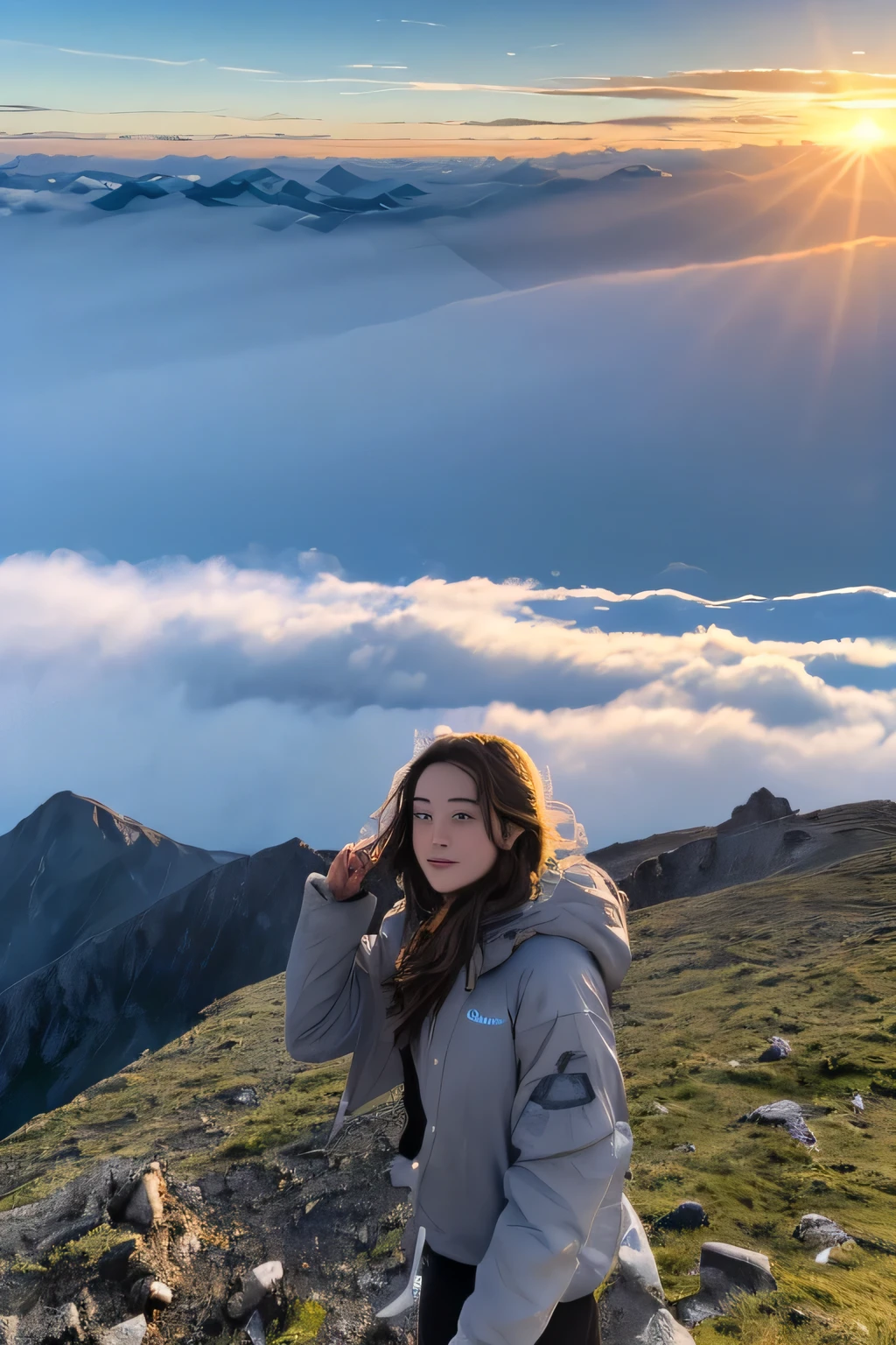 Create an image of a girl standing on top of a mountain, You can make a prompt like this:

"masterpiece, best quality, a girl standing on a mountain peak, sunrise behind her, majestic landscape, clear blue Sky, fluffy white cloud, The wind blew through her hair, Wearing a light jacket, looking towards the horizon, bright colors, Realistic style, front corner, high resolution."

This tip contains details about setting up (sunrise, mountain peak), Girl&#39;s position and dress, environment (landscape, Sky, cloud), and the required artistic style and quality. It also specifies the time of day and the direction she is facing, as well as her appearance and the overall atmosphere of the scene..

