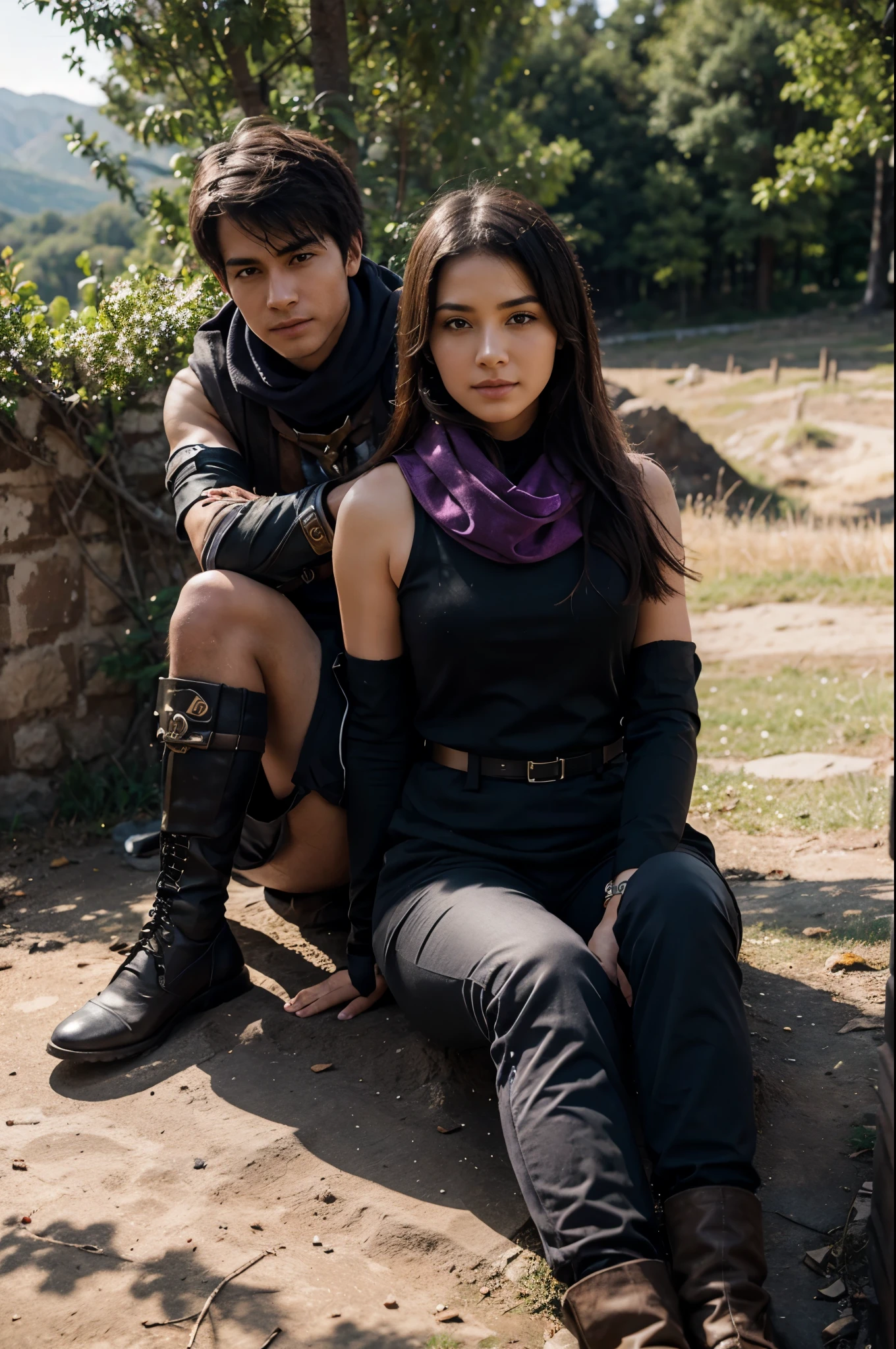One girl, One boy, (highest quality, beruka, Gauntlet), armor, Purple scarf, Black gloves, pants, boots, Wear a bandana on your head, Sitting, in front, wood, Mountain, Beautiful landscape in the background, Soft sunset, A subtle reflection on the ground.
