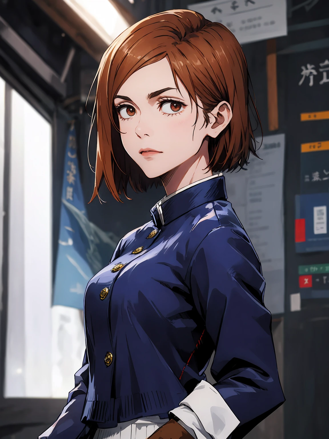1girl, sitting, beautiful Nobara, navy blue school_uniform, bangs, brown jacket,, volumetric lighting, best quality, masterpiece, intricate details, tonemapping, sharp focus, hyper detailed, trending on Art Station, 4k, whole body, looking ahead