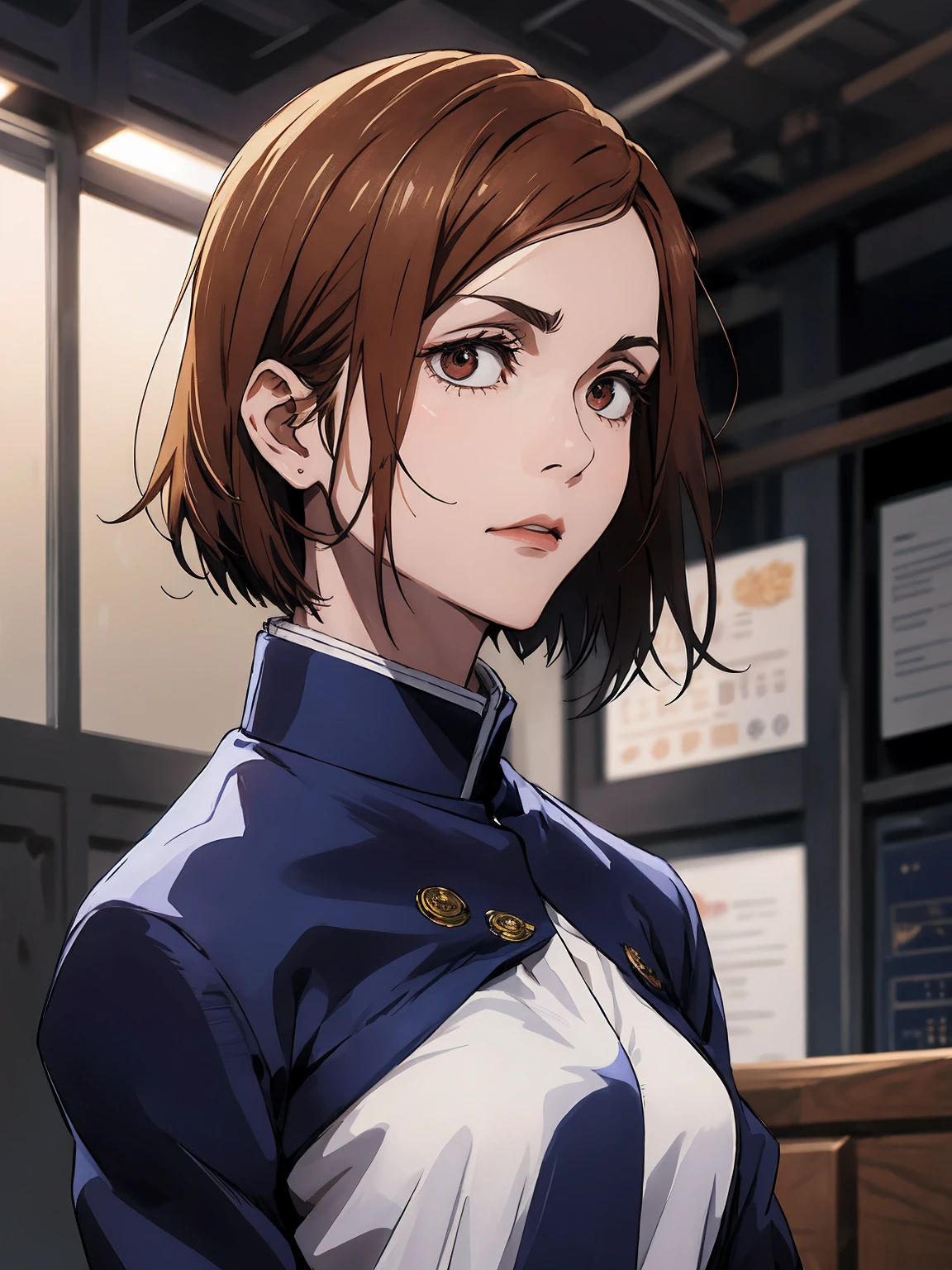 1girl, sitting,  beautiful Nobara, navy blue school_uniform, bangs, brown jacket,, volumetric lighting, best quality, masterpiece, intricate details, tonemapping, sharp focus, hyper detailed, trending on Art Station, 4k, whole body, looking ahead