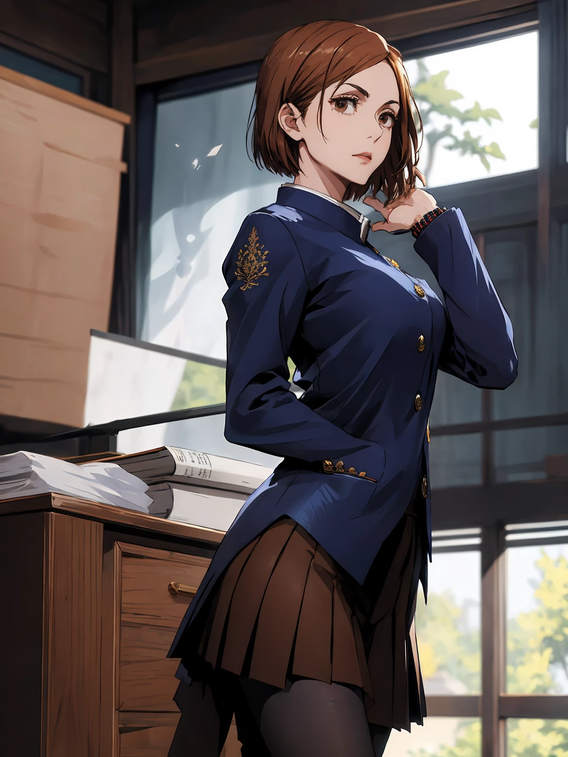 1girl, sitting, beautiful Nobara, navy blue school_uniform, bangs, brown jacket,, volumetric lighting, best quality, masterpiece, intricate details, tonemapping, sharp focus, hyper detailed, trending on Art Station, 4k, whole body, looking ahead