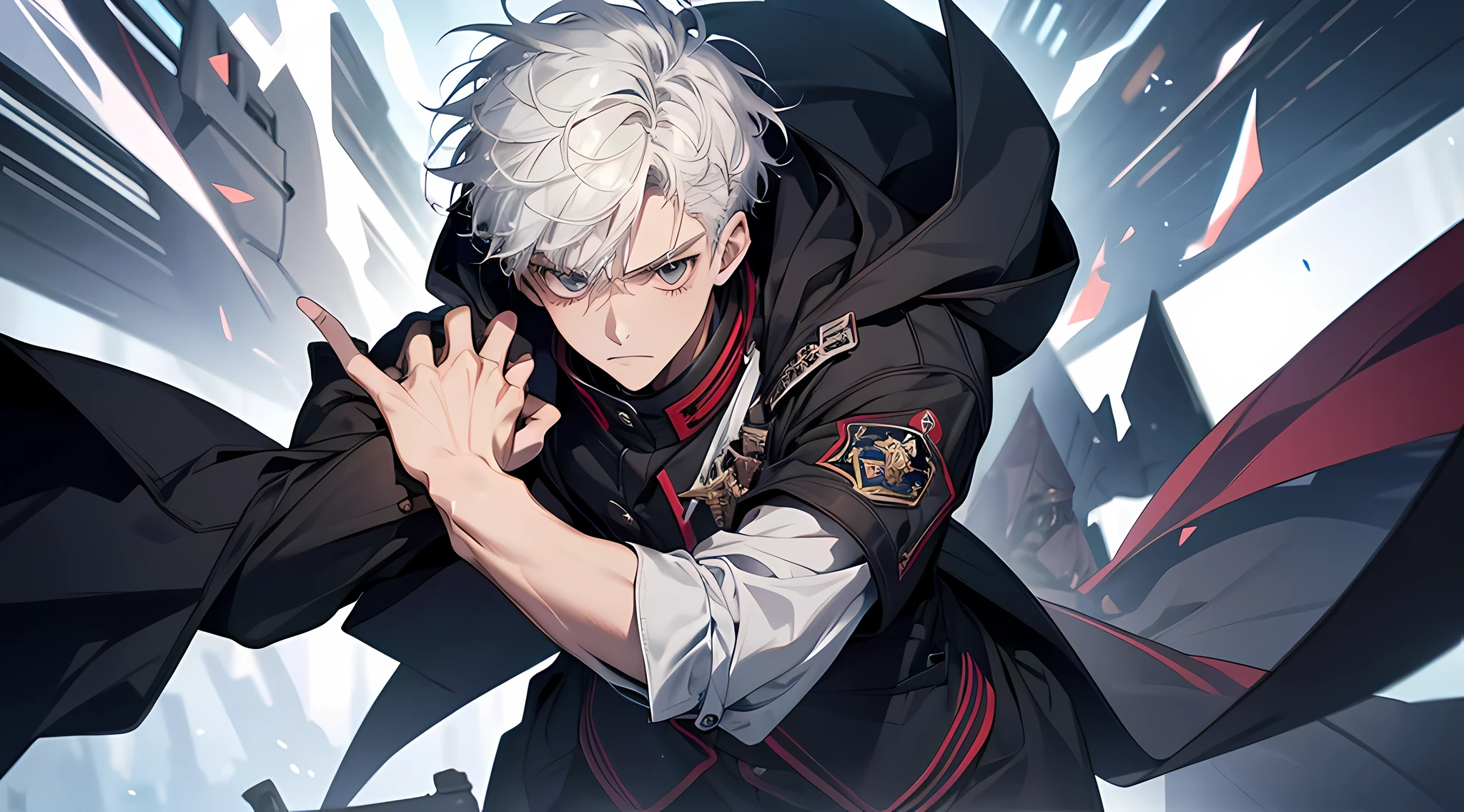 An 18-year-old boy with short white hair and a school uniform，Grim expression，whole body display，grand master，tmasterpiece，8k wallpaper，CG，Ultra-high image quality, As a third-class extra, these were disastrous stats. First and foremost, Level 20