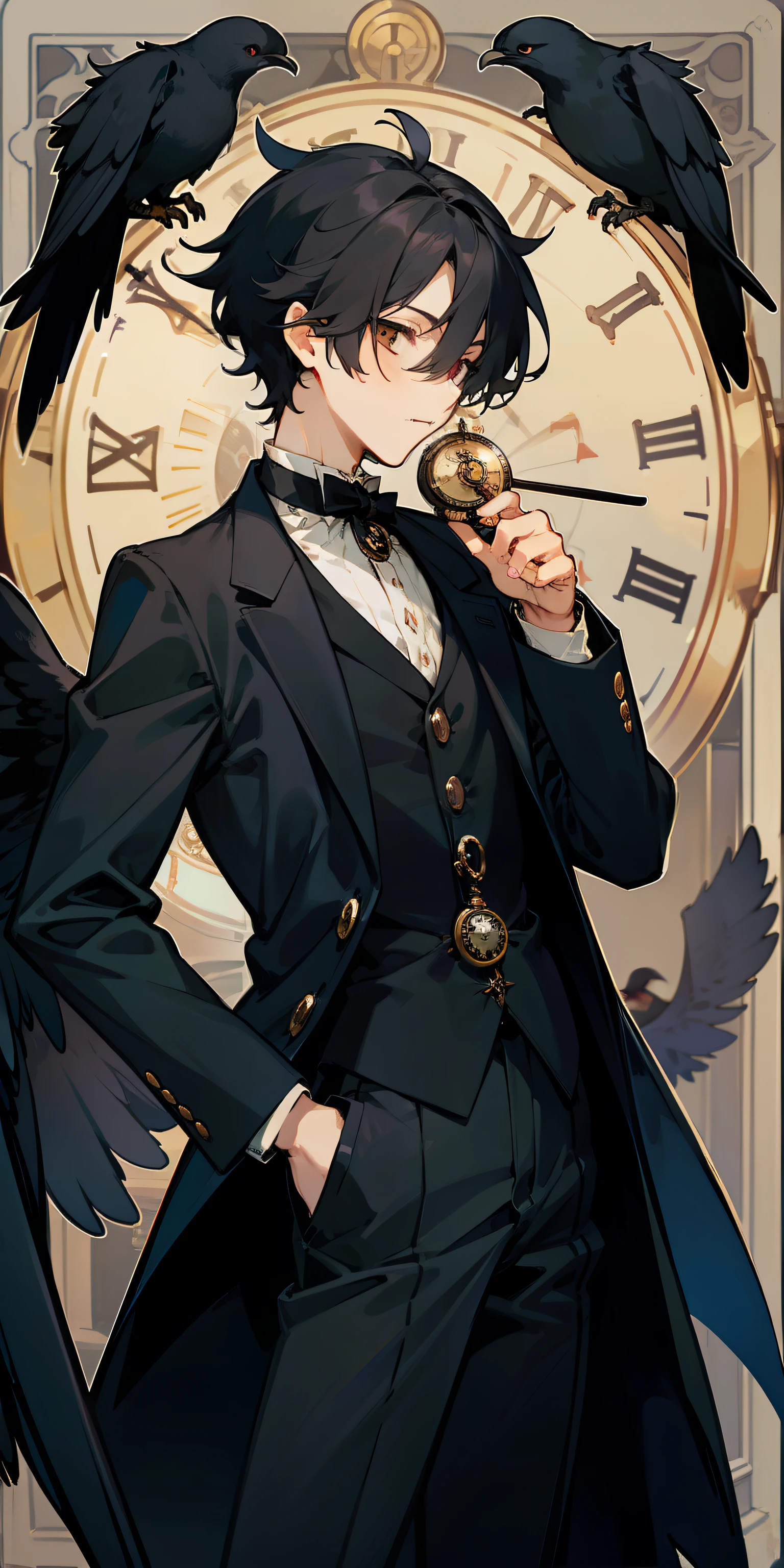 Black-haired boy，monocle，pocketwatch，Night，cawing ravens