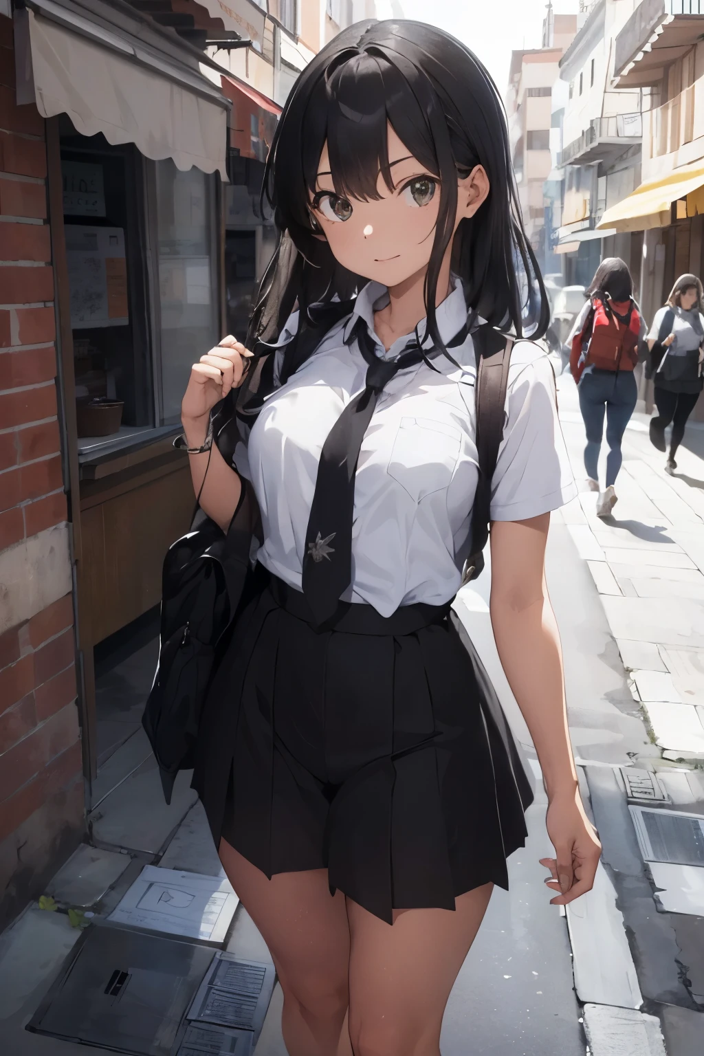 15 year old female student, camisa blanca, cobarta negra, falda y zapatos negros que parecen un uniforme tiene un pelo largo negro, tiene un cuchillo en las manos, ella esta manchada de sangre, ella esta roediara de cadabares de hombres en un callejo sin salida de noche.