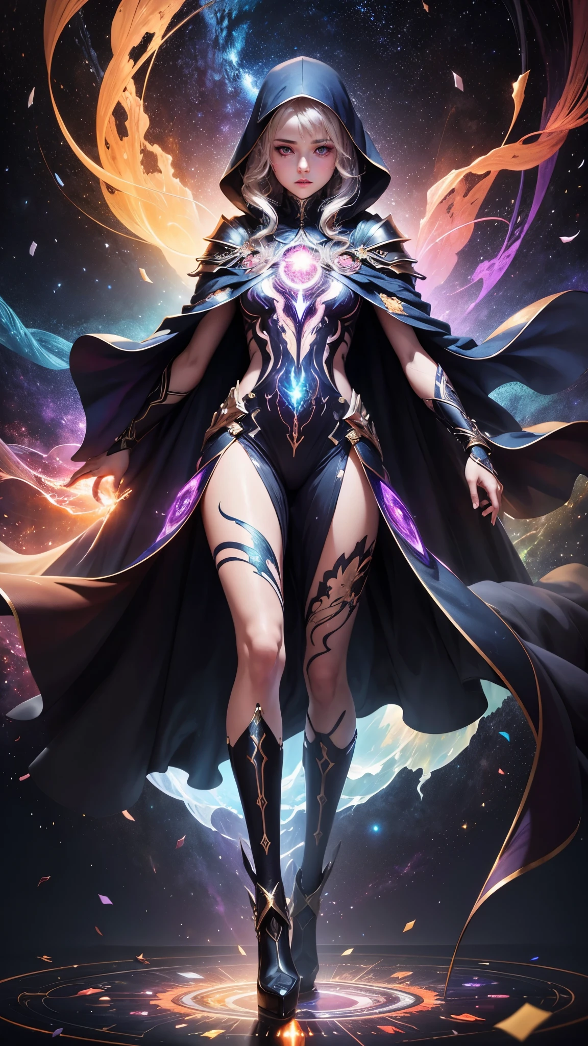 Abstract CG art:confetti,Stunning digital illustrations, transparent humanoid,The cloak features an intricate pattern that resembles a stained glass nebula, as it weaves in space,Legs crackled by countless cosmic lightnings.