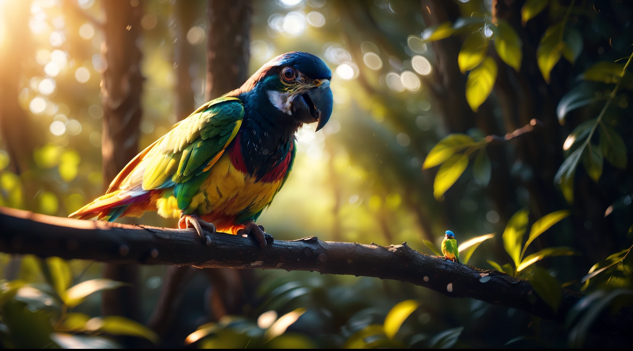 Alchemy Upscaler - Low NormalRRutAckHigh-quality imagePrompt detailsHigh-quality image, 8K, magical forest, close-up of a colorful little parrot standing on a tall tree branch, warm and pleasant soft lighting, amazing sun, amazing depth of field, high detail, perfect accuracy, perfect composition. Blur behind.