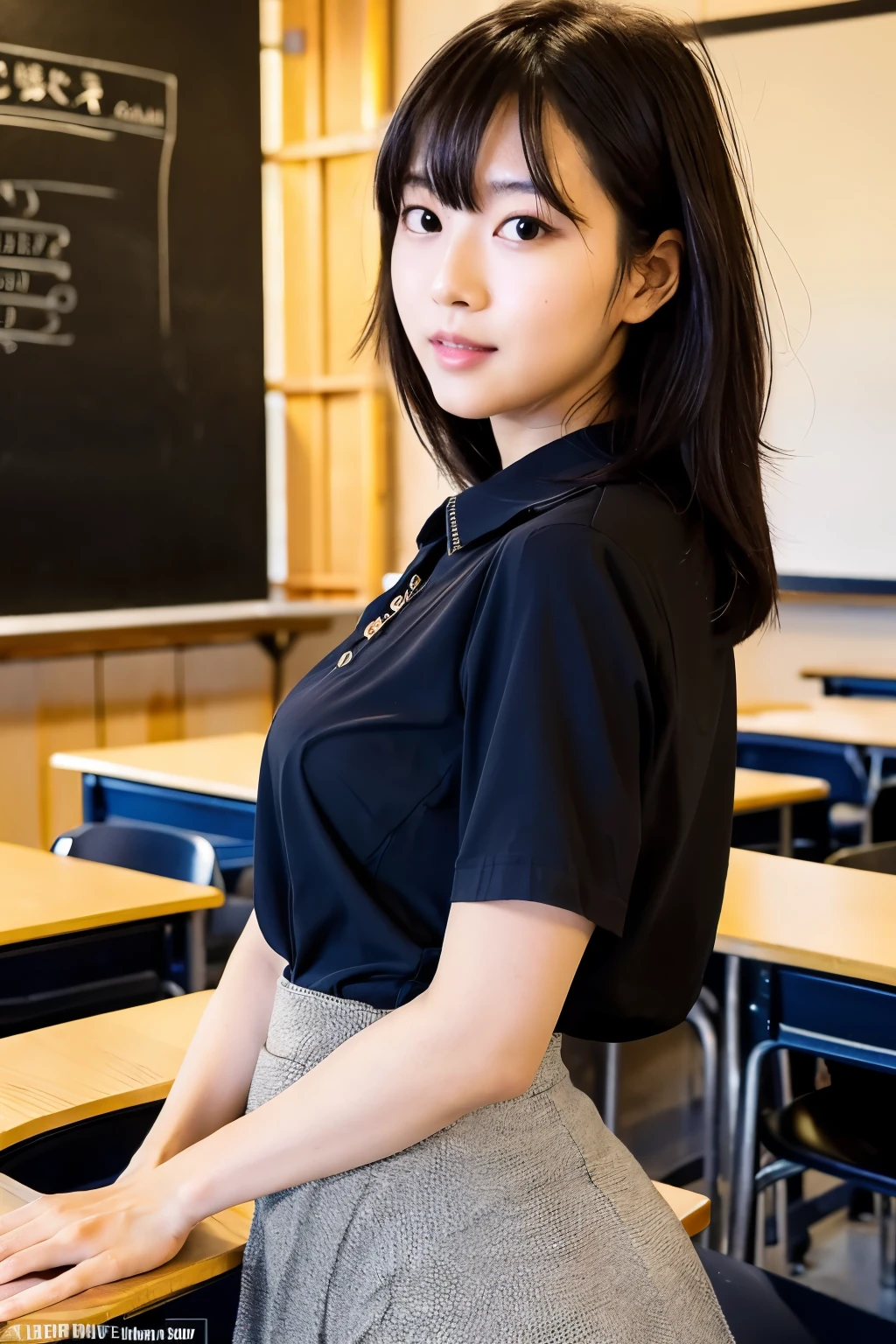 Cram school teacher A 28-year-old Japanese woman with handsome mash hair and a blouse and tight skirt.Her atmosphere is neat and gentle, with light make-up and her bust is B.She is teaching with a blackboard in the background.