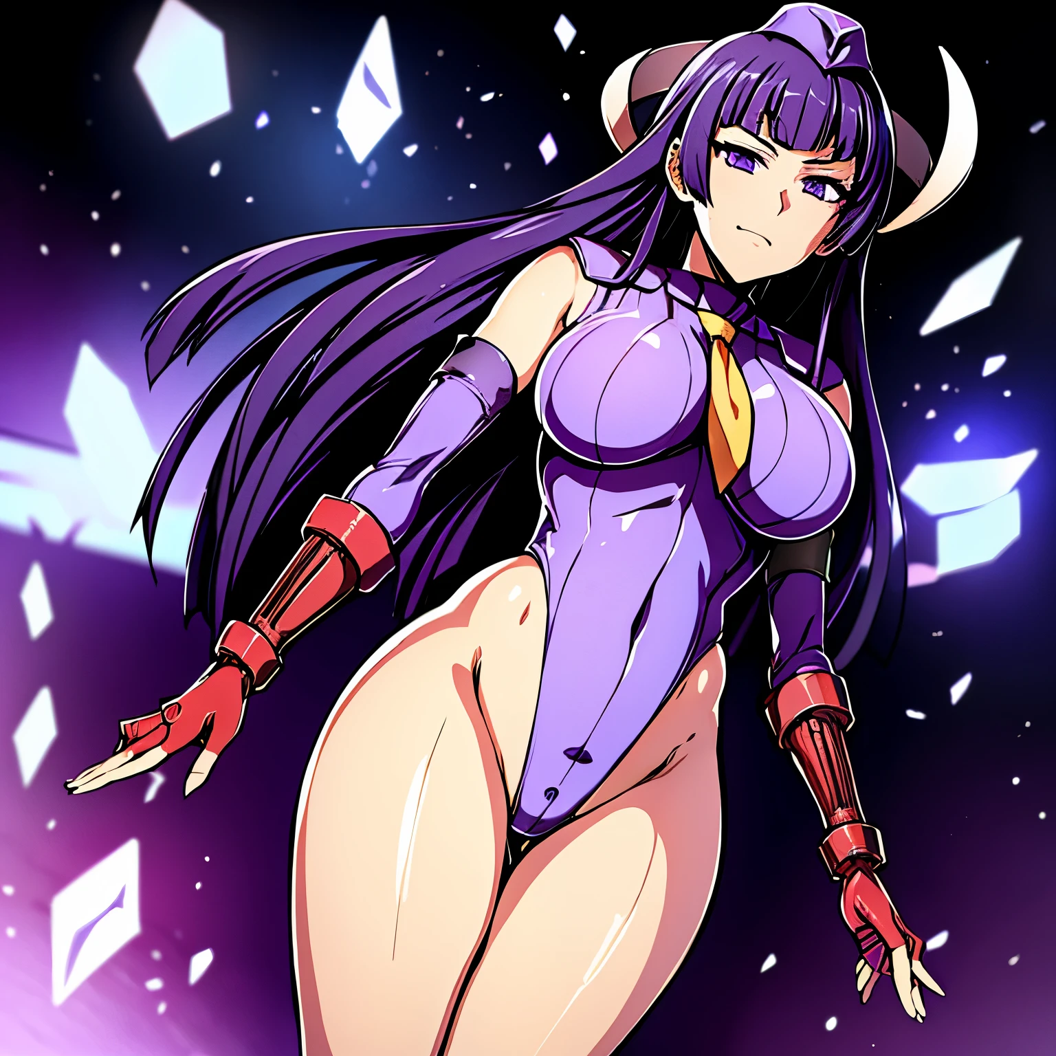 ultra-detailed, Explicit, Beautiful body, Beautiful Nose, Beautiful character design, perfect eyes, perfect face, ultra highres, 4K, beautiful legs, perfect legs, Nice hands, Perfect hand, Masterpiece, Best Quality, Highly detailed, illustration, absurdres, perfect anatomy, street fighter, doll suit, shadaloo doll, dollsuit, expressionless, blank eyes, looking at viewer, red gloves, emotionless, black latex, corrution, mind control, female combatant, full body, hypnotized, unhappy trance, full body suit, ribbed bodysuit, both arms at side, obey, perfect female body, extremely glossy latex, hypnosis, hypnoLora, empty eyes, Mind control device, poses, submissive_pose, Slave, stand up straight, standing, standing at attention, hat, necktie, belt, latex, ribbed bodysuit, thighhighs, garter belt, Fighting Stance, extending the right arm from the shoulder into the air with a straightened hand, Salute, saluting, military, thigh boots, 1girl, hair ornaments, purple hair, long hair, purple eyes, (((pixel-perfect, detail-perfect))), solo, 1girl, Eua, Featherine Augustus Aurora, higurashi when they cry, umineko when they cry, horn