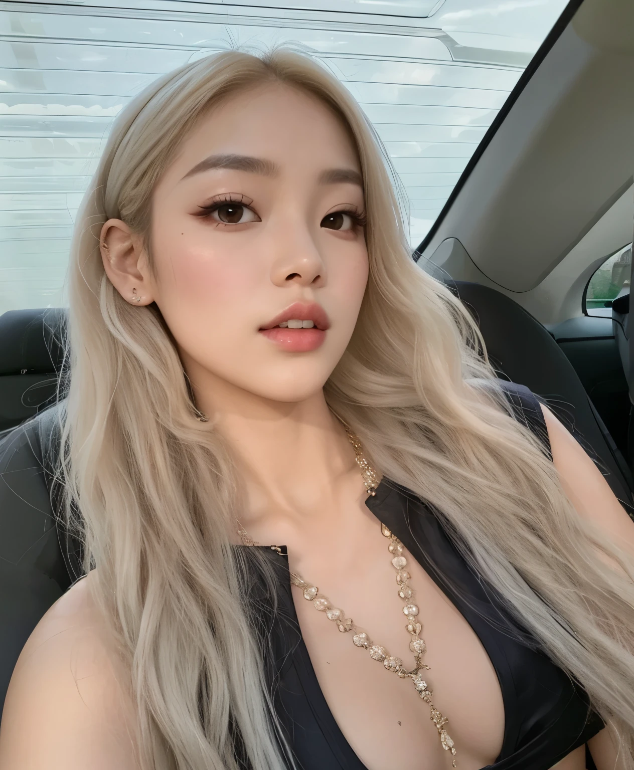 a CLose up of a woman in a car with long blonde hair, parque roseanne de blackpink, beautiful south mujer coreana, muchacha coreana, gorgeous young mujer coreana, maquillaje popular de corea del sur, con pelo largo y blanco, CL, maquillaje coreano popular, con el pelo largo y blanco, beautiful young mujer coreana, jossi de blackpink, mujer coreana, heonhwa choe