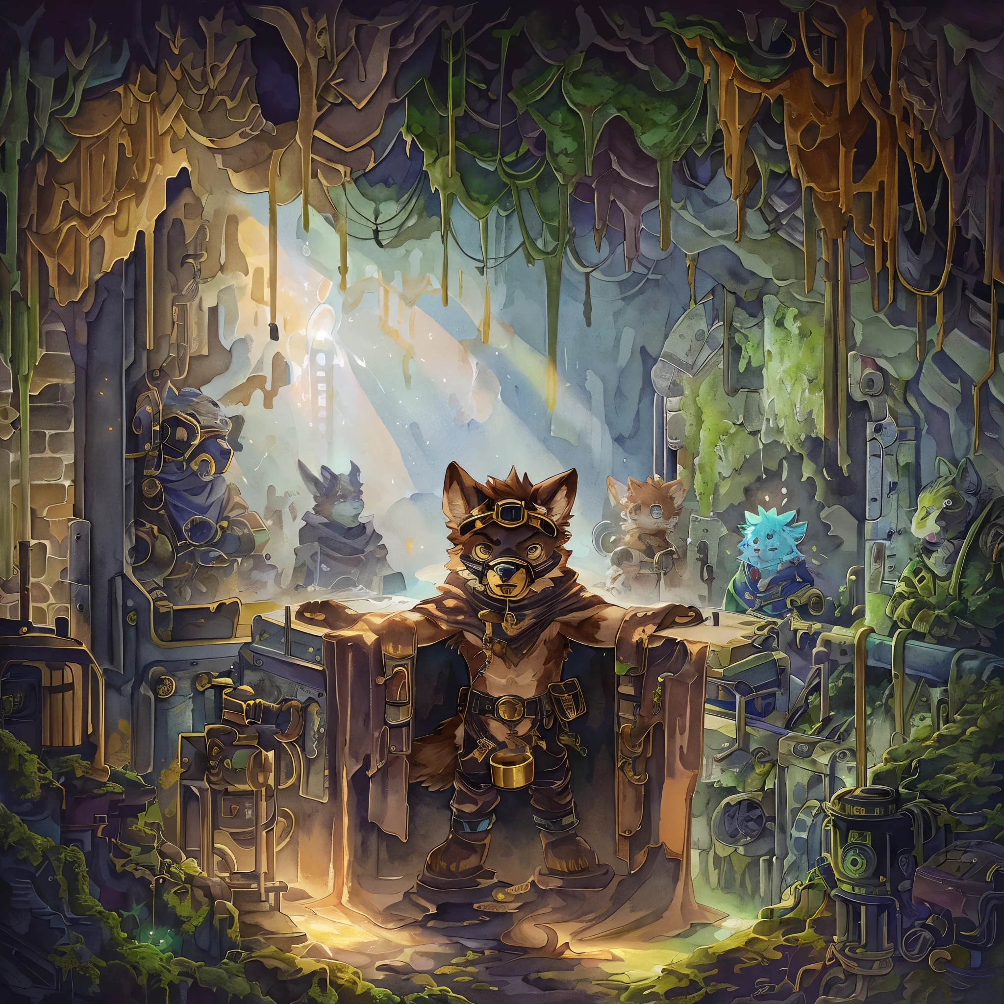 Top quality, picture book cover, watercolor, fancy, four-headed, pale color (cave with light coming in through the hole above, broken machine, moss-covered operating table (very detailed beautiful face and eyes) perfect ??????? (beastman) perfect anatomy (beastman, right arm of the machine, right arm connected by colorful cords, short and splattering sparks, wearing a dirty cloak, gold goggles, steampunk) (furry antro : 1.2) (Animal facial features of furry body) (Animal muzzle very detailed fur) Chibi: 1.5 Full body mouth open (dynamic pose),