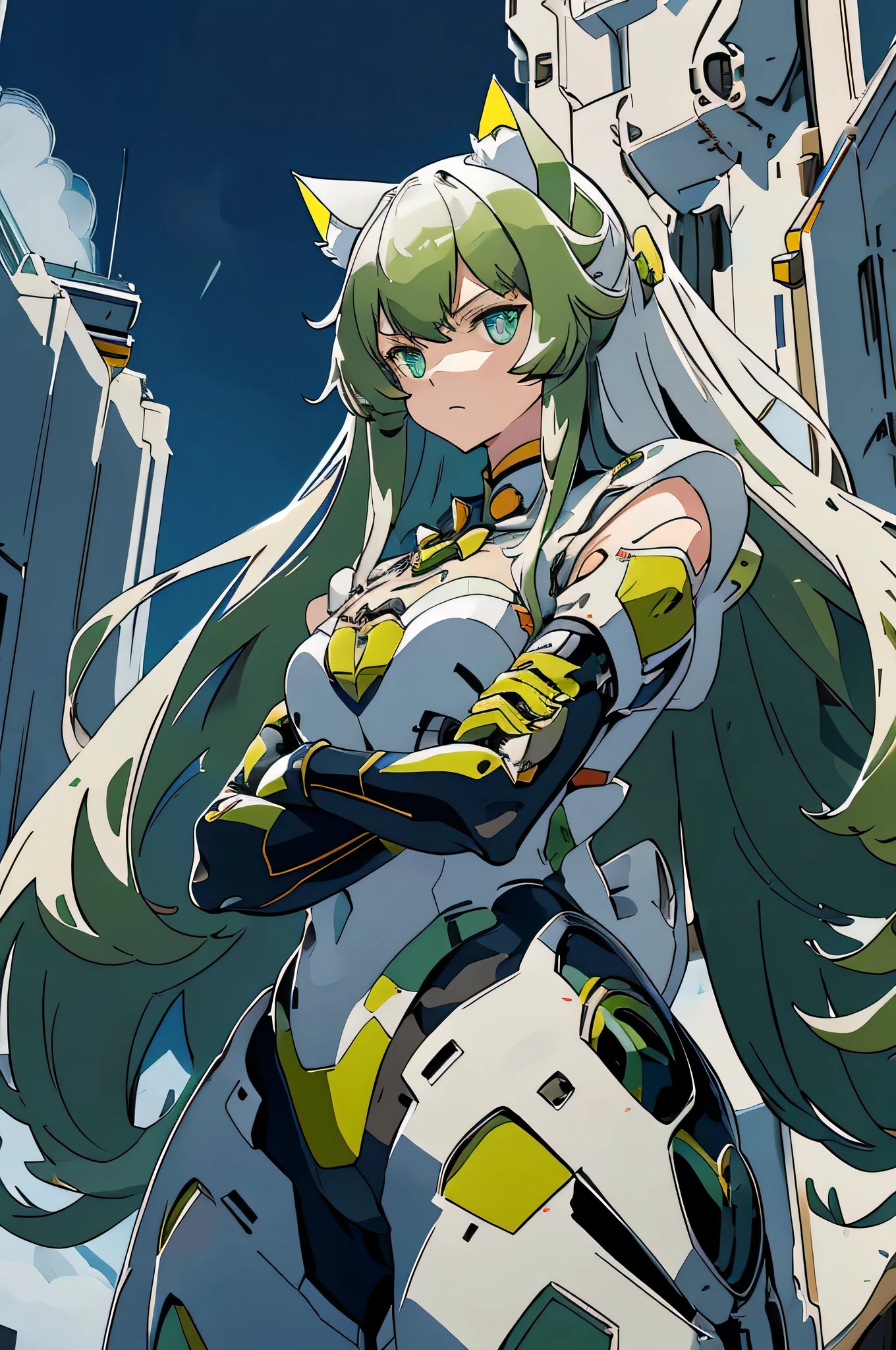 1 Cat-eared maid wearing a mecha suit, Slender fuselage,shining eyes, ((folded arms pose)),Camouflage pattern, green and white body,((cat ears long hair)),battlefield concept art ,ink art, flat color, high contrast, fashion absurdity, highest quality, negative space,Against the background of blue sky and white clouds