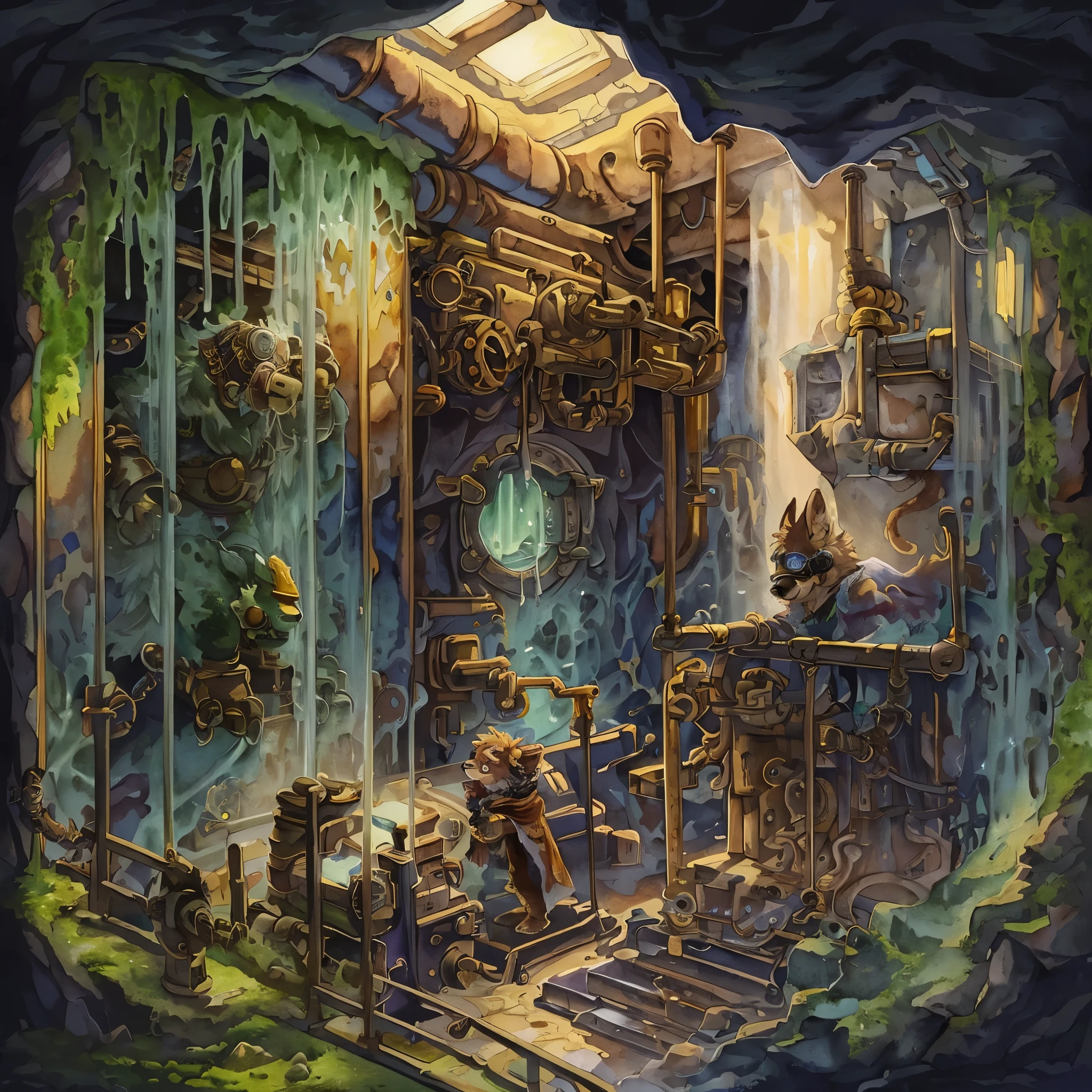 Top quality, picture book cover, watercolor, fancy, four-headed, pale color (cave with light coming in through the hole above, broken machine, moss-covered operating table (very detailed beautiful face and eyes) perfect anatomy (beastman) perfect anatomy (beastman, right arm of the machine, right arm connected by colorful cords, short and splattering sparks, wearing a dirty cloak, gold goggles, steampunk) (furry antro : 1.2) (Animal facial features of furry body) (Animal muzzle very detailed fur) Chibi: 1.5 Full body mouth open (dynamic pose),