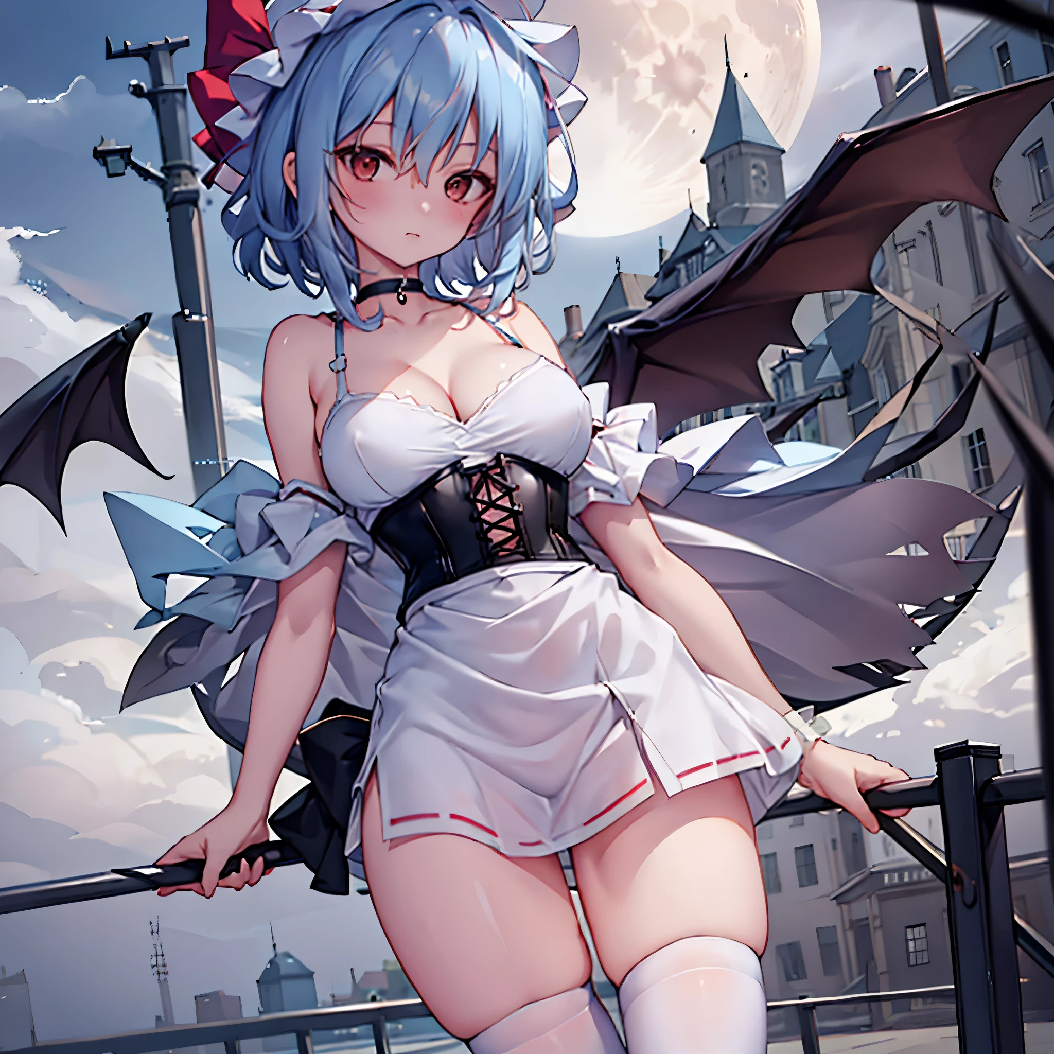 Remilia toho character, (solo:1.2), (standing on deck of mansion:1.1), a full moon, midnight, BREAK, short hair, collarbone, (very perky large breasts), (emphasize cleavage), (inconceivably thin waist:1.3), (very short thin torso:1.2), very long (thin legs), emphasize thigh gap, BREAK, white dress with (plunging neckline:1.1), shoulder straps, (brown wiry corset cinches waist too tight:1.4), frilled (too short white miniskirt), (light blue thighhighs), BREAK, nose blush