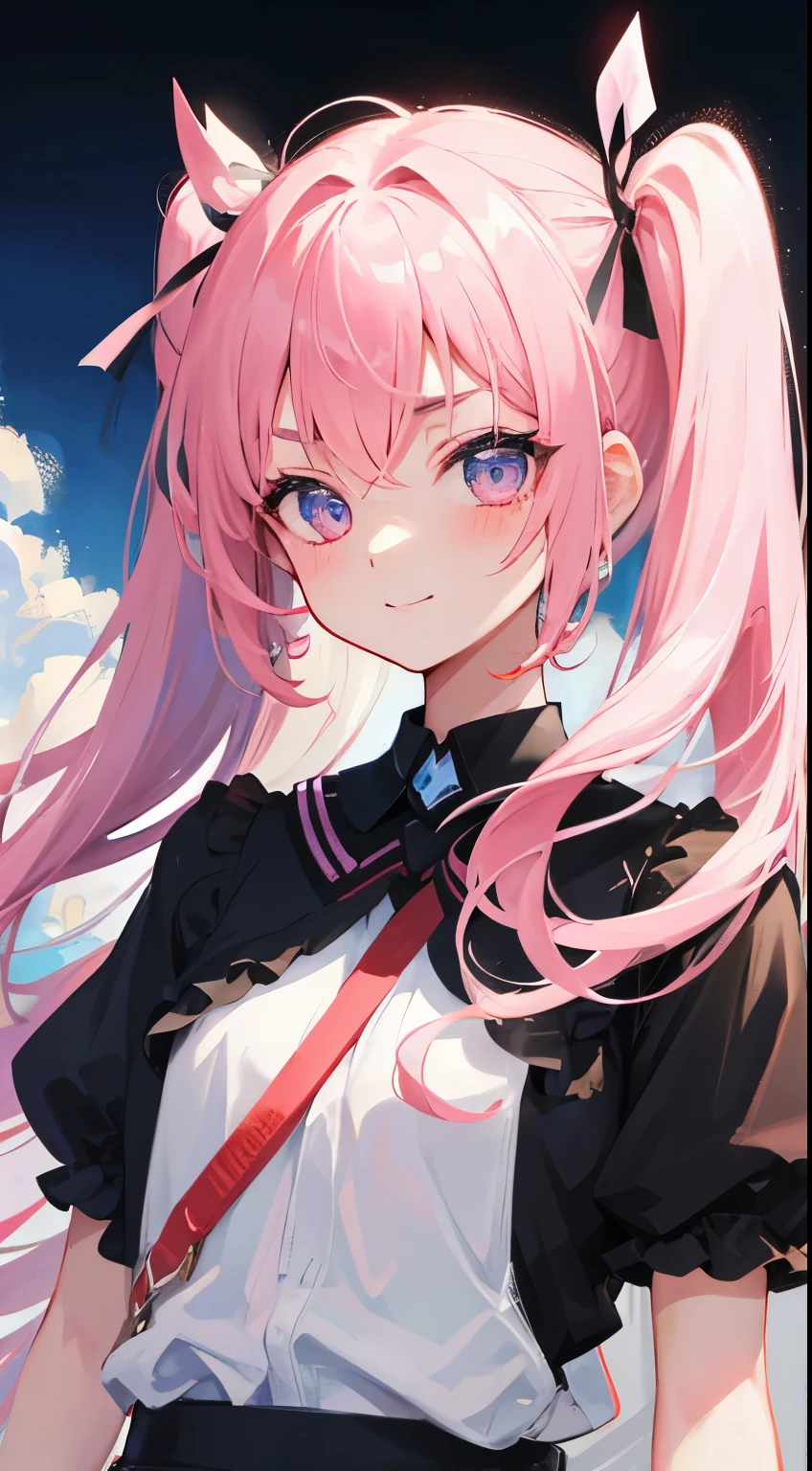 1 girl、hairstyle twin tails、I have a black ribbon in my hair、high school girl、Department of clothing mines、 face、hair color pink、inner light blue、eye color pink、fineっ子、Bright 、fine、Eyes wide open、fine、Sick Kawa、Menhera、sick type、hair color pink、pretty girl、front、healthy、whole body、frontむく、fine、Saucy顔、eyebrows、high resolution、creation、pure white background、fine、eyebrows、Saucy、laughing、smug face