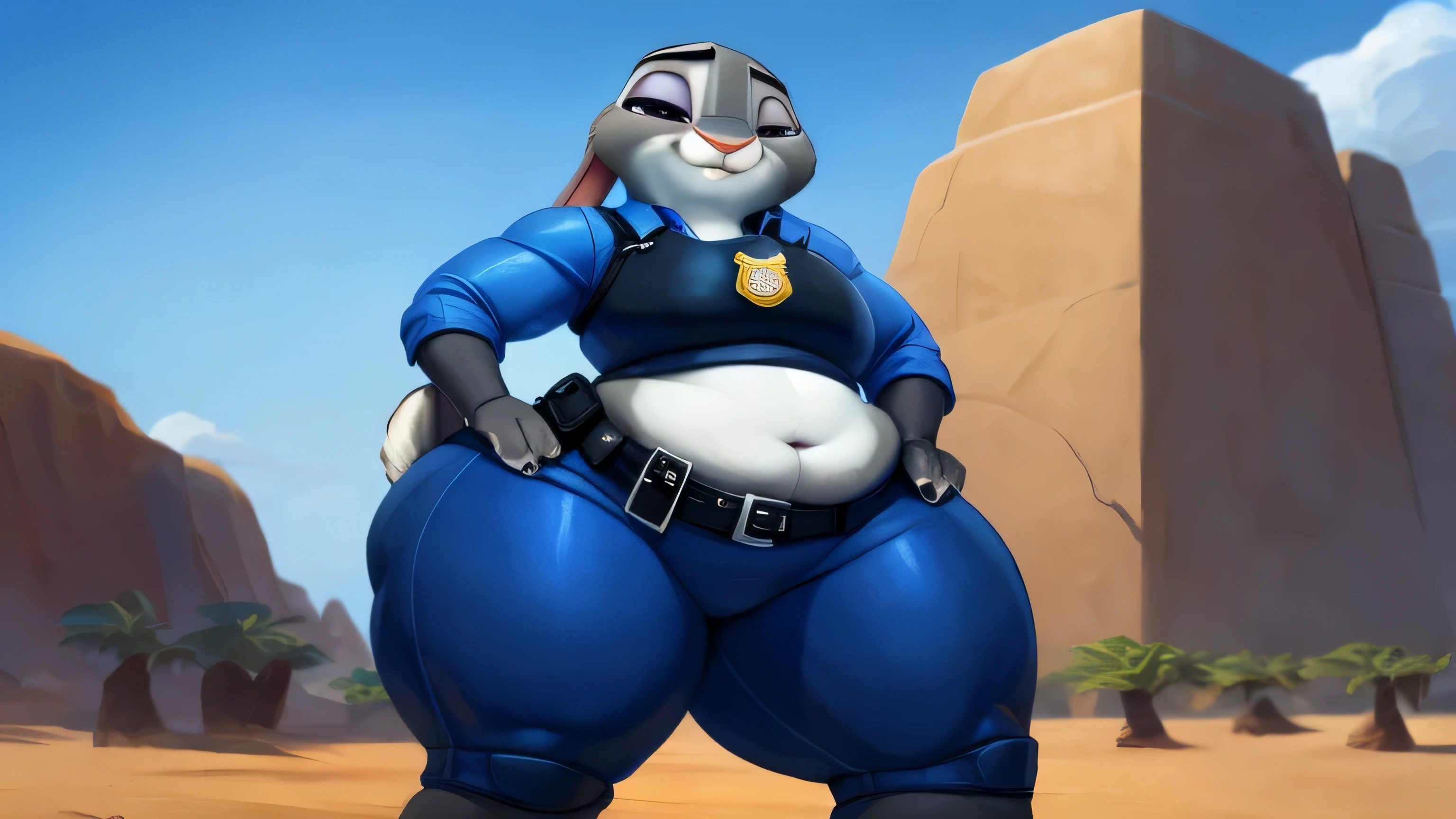 [Judy_Hopps], [zootopia], [carregado para e621.liquid; (Pixelsketcher), (wamudraws), (Siroc)], ((obra de arte)), ((High definition)), ((high resolution)), ((retrato solo)), ((corpo todo)), ((vista frontal)), ((feet visible)), ((peludo; antropo)), ((pele detalhada)), ((sombreamento detalhado)), ((beautiful rendering art)), {antropo rabbit; pelo cinza, nariz preto, (orelhas de coelho multicoloridas), (curvy hips), (lindas pernas), (beautiful feet), (lindos olhos roxos), (sorriso fofo)}, {(uniforme policial), (ZPD Police Badge), (tight blue pants)}, {(standing), (hands on hips), olhando para o espectador)}, Fundo: cidade, skyscrapers, blue sky, Curvo, muito gordo, quadris largos, enorme, coxas grossas e macias, muito gordo flabby arms, Realistic lighting, alto detalhe, Rosto detalhado, sombreamento realista, rolos de gordura, tamanho enorme, seios gigantescos e enormes transbordando de gordura, decote enorme, pesado, mais tamanho, everything is fat, textura macia, lindos olhos grandes, semi-realista, dynamic angle, pattern clothes, muito gordo, SSBBW, fat arms, very fat, IMMOBILE, 800 pounds of weight, [Giant breasts]
