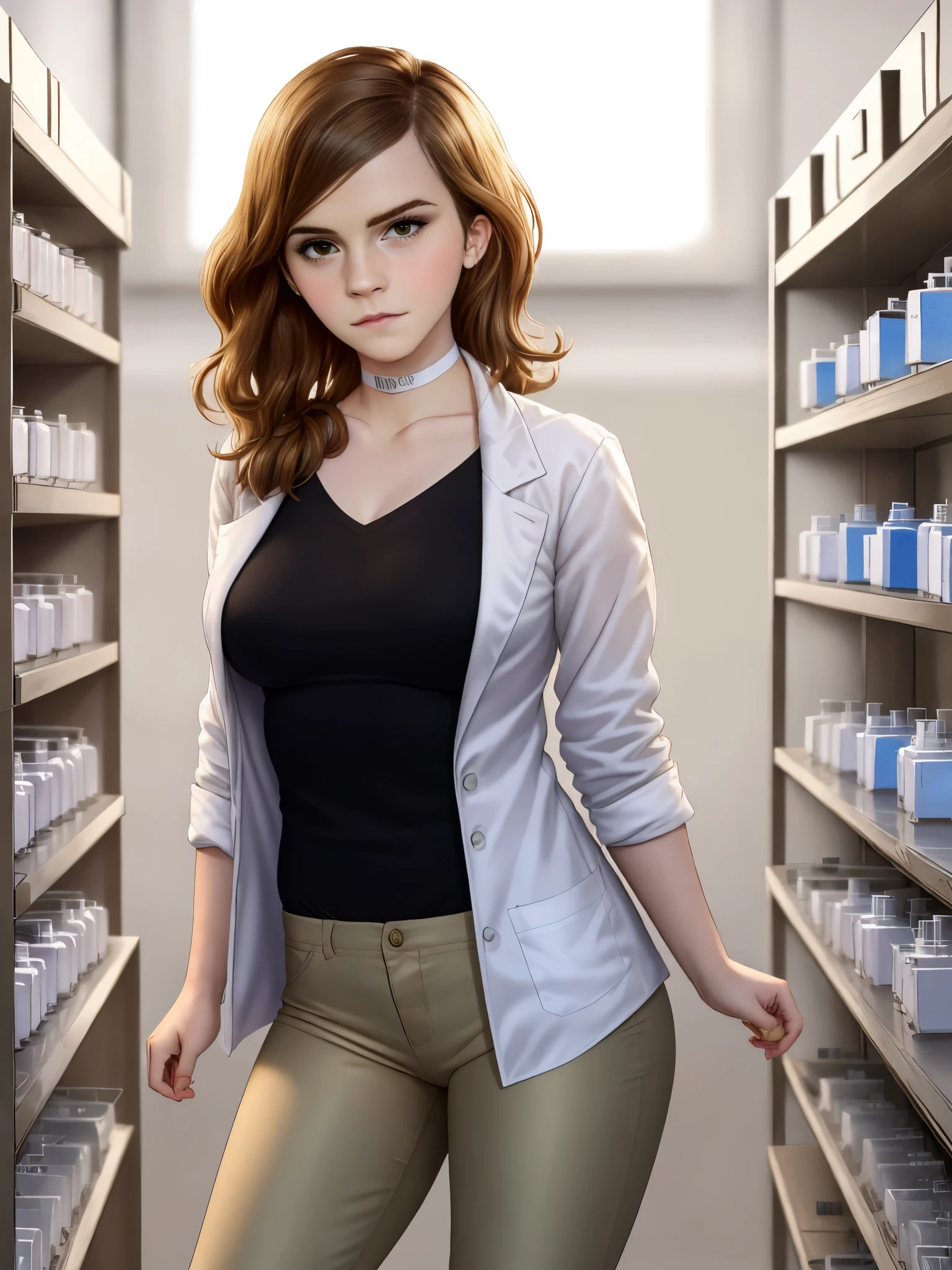 Emma Watson, masterpiece quality, realistic, lots of detail, studio lighting, in a pharmacy, chemistry equipment in background, long hair, wearing white lab coat, wearing green blouse, wearing khaki pants, wearing choker collar, average breasts, thin, 