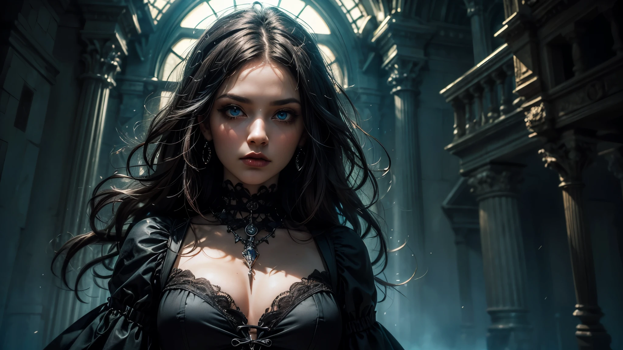 (1 beatiful woman, alone, black dress, detailed dress, light blue eyes, very long brown hair, dark, gothic, gothic makeup, fantasy), (Surrealism, depth of field, cinematic lighting, ray tracing, 85mm, close-up, dramatic pose, digital art, dramatic photo, symmetrical eyes, complex background), (masterpiece, textured skin, super detail, award winning, best quality, 16k, HDR),