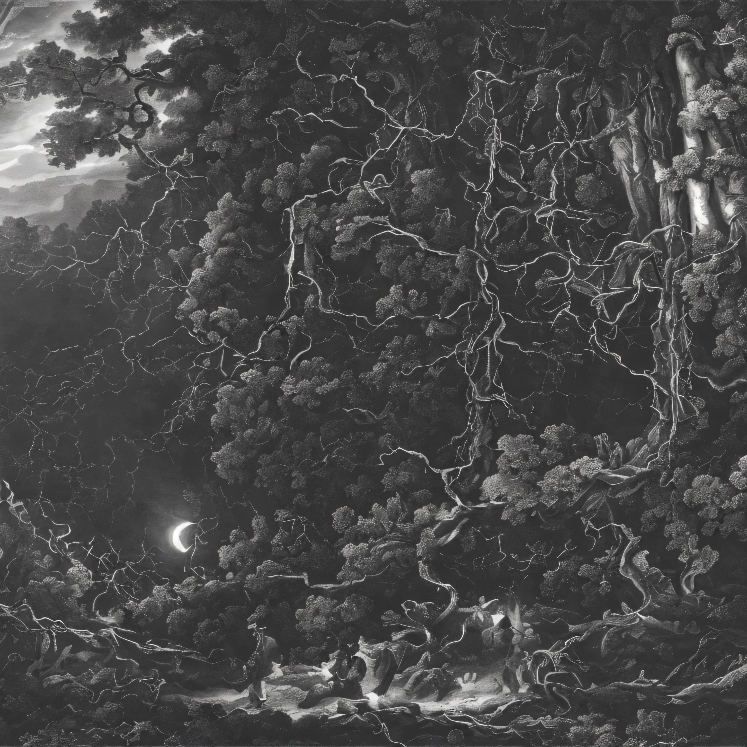 a dark forest with a big tree with a hangman's knot and a lot of darkness around, imagem em preto e branco
