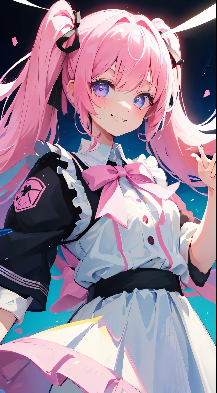1 girl、hairstyle twin tails、I have a black ribbon in my hair、high school girl、Department of clothing mines、 face、hair color pink、inner light blue、eye color pink、fineっ子、Bright 、fine、Eyes wide open、fine、Sick Kawa、Menhera、sick type、hair color pink、pretty girl、front、healthy、whole body、frontむく、fine、Saucy顔、eyebrows、high resolution、creation、pure white background、fine、eyebrows、Saucy、laughing、smug face、whole body写ってる、fine、smile、smile、hair color pink