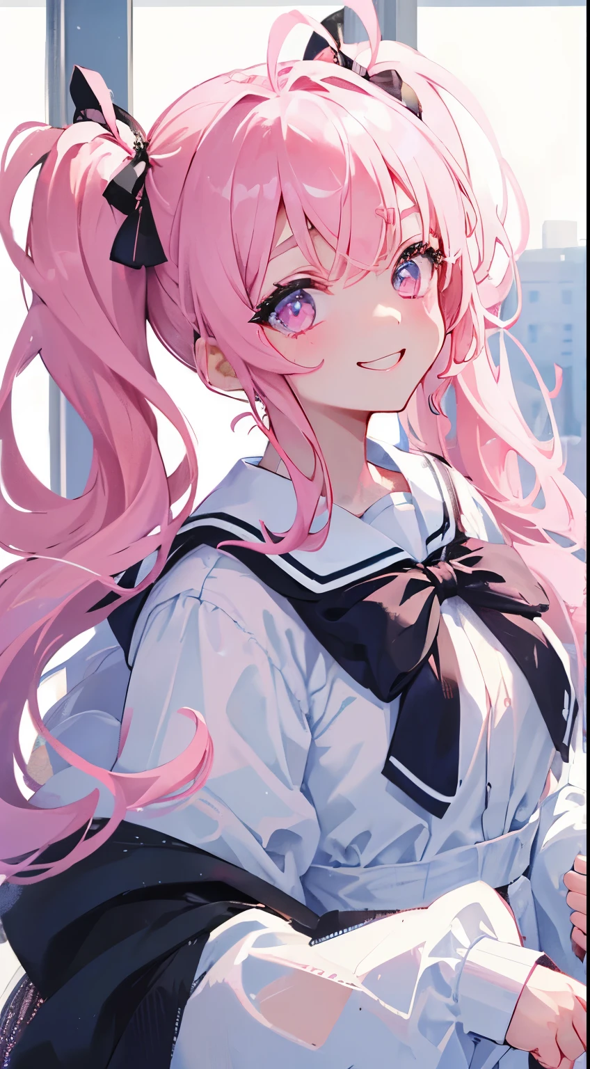 1 girl、hairstyle twin tails、I have a black ribbon in my hair、high school girl、Department of clothing mines、 face、hair color pink、inner light blue、eye color pink、fineっ子、Bright 、fine、Eyes wide open、fine、Sick Kawa、Menhera、sick type、hair color pink、pretty girl、front、healthy、whole body、frontむく、fine、Saucy顔、eyebrows、high resolution、creation、pure white background、fine、eyebrows、Saucy、laughing、smug face、whole body写ってる、fine、smile、smile、hair color pink