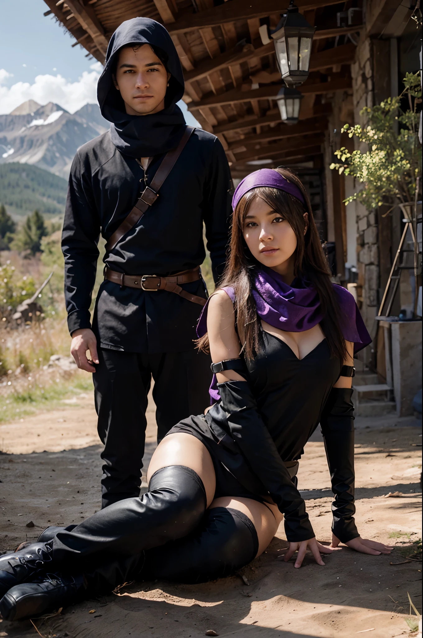 1girl, 1boy, (best quality, beruka, gauntlets), armor, purple scarf, black gloves, pants, boots, bandana on the head, sitting, in front, trees, mountain, beautiful scenery in the background, soft sunset, subtle reflections on the ground.