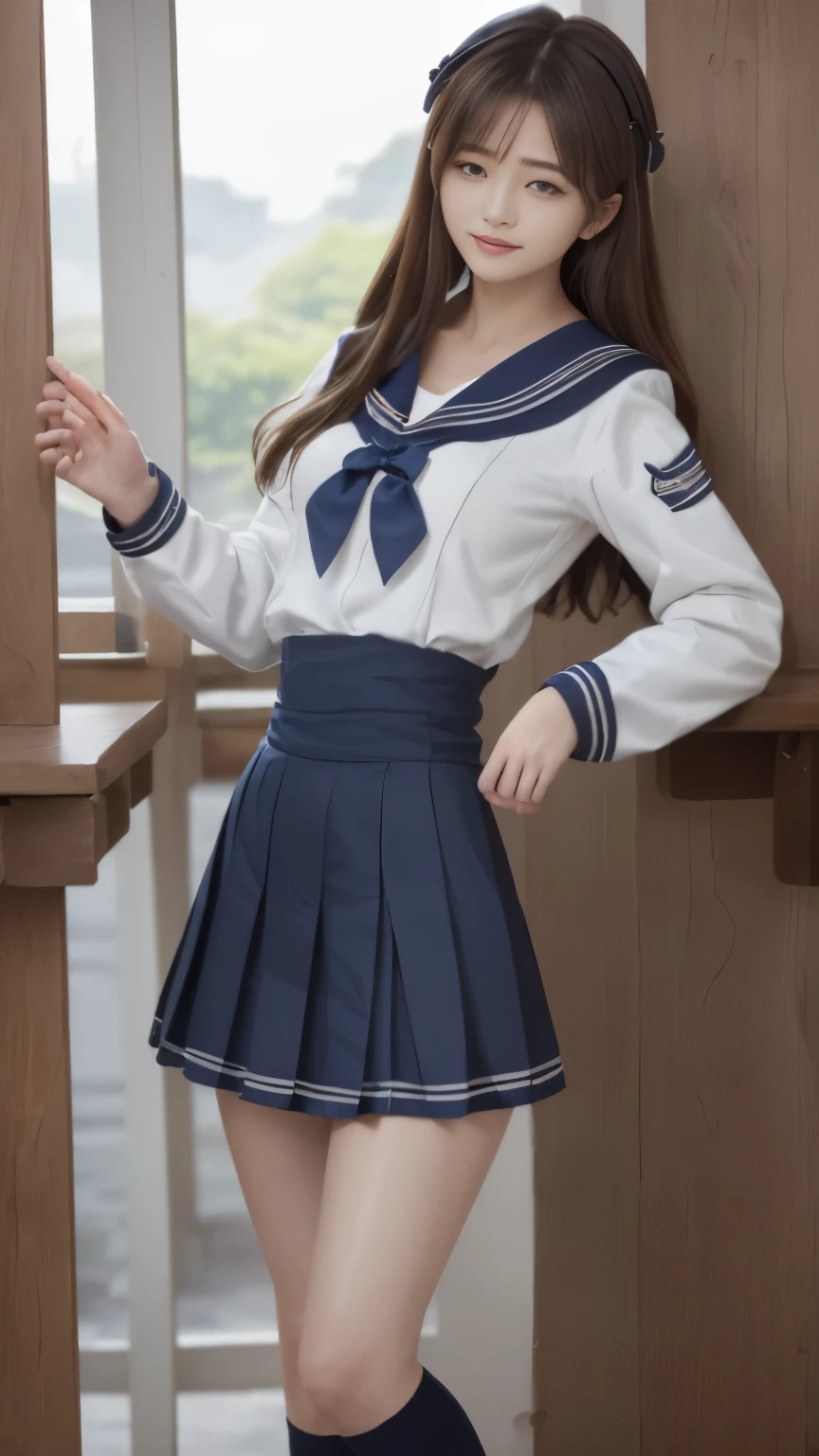 table top、highest quality、shape、Super detailed、High resolution、8Kのwallpaper、完璧なダイナミックな構shape、beautiful and detailed eyes、natural color lip, random sexy poses,gentle smile、 girl、cute、expensive、(highest quality:1.3)、(masterpiece:1.3)、(The Super detailed:1.3)、(wallpaper, one girl:1.1)、(delicate hands and fingers:1.2)、(Detailed super oily shiny skin:1.1)、Oily and shiny thighs、(Sailor uniforms worn by Japanese high school girls:1.4)、(navy blue mini skirt、black knee socks、brown loafer shoes)、sensual body、brown hair head、((Semi-long random hairstyle:1.3))、beautiful sister、(Are standing:1.4)、sexy pose、(((with a simple gray background)))、((Beautiful and tense figure))、(beautiful double eyelids:1.3)、look at the camera、(((highly detailed hands and toes)))、、Pelvic expanse、perfect lighting、