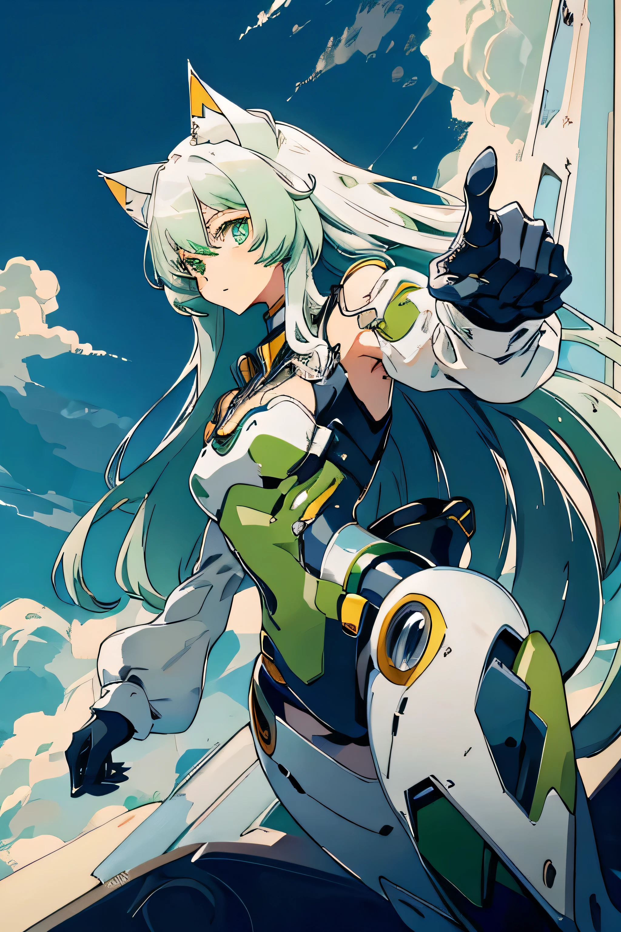 1 Cat-eared maid wearing a mecha suit, Slender fuselage,shining eyes, ((pointing pose)),Camouflage pattern, green and white body,((cat ears long hair)),battlefield concept art ,ink art, flat color, high contrast, fashion absurdity, highest quality, negative space,Against the background of blue sky and white clouds