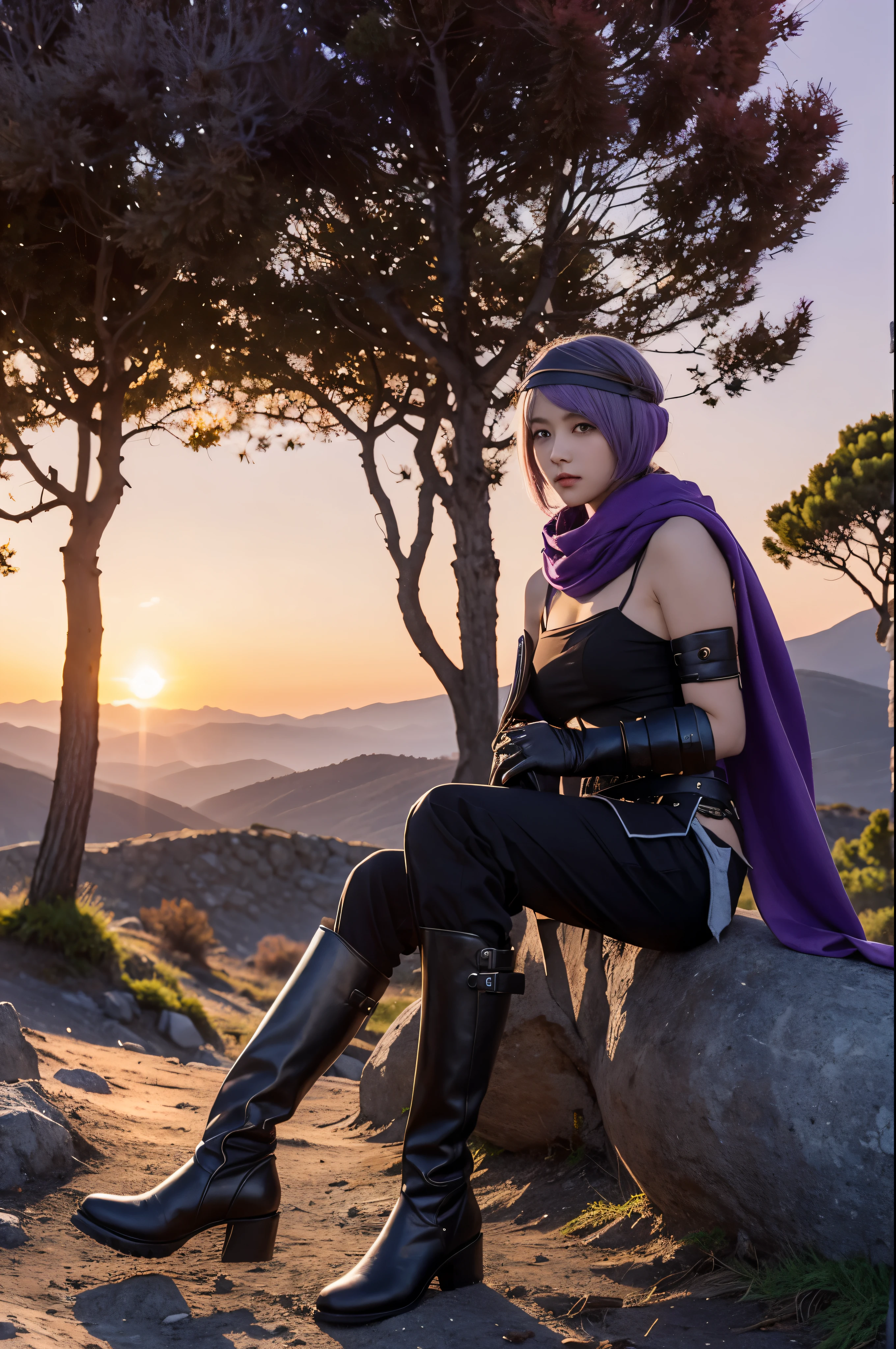 1girl, 1boy,handsome (best quality, beruka, gauntlets), armor, purple scarf, black gloves, pants, boots, bandana on the head, sitting, in front, trees, mountain, beautiful scenery in the background, soft sunset, subtle reflections on the ground.