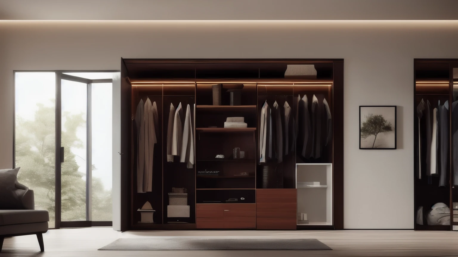 hyper ultra realistic photographs full body of A sleek, minimalist wardrobe, crafted from polished mahogany, stands isolated on a stark white background. Its clean lines and simple design exude timeless elegance, hinting at a refined taste and a modern sensibility. ratio 16:9, 4k, 8k resolution, High quality photo, high detailed, imagesharp focus, Cinematic lighting,hyperdetailed & Unreal engine, detail, realism, photography,cinematography, camera NIKON, lens NIKKOR flagship, masterpiece. hyper-maximalism, ultradetailed photorealistic, light skin imperfections, final render, vray, photo, fashion