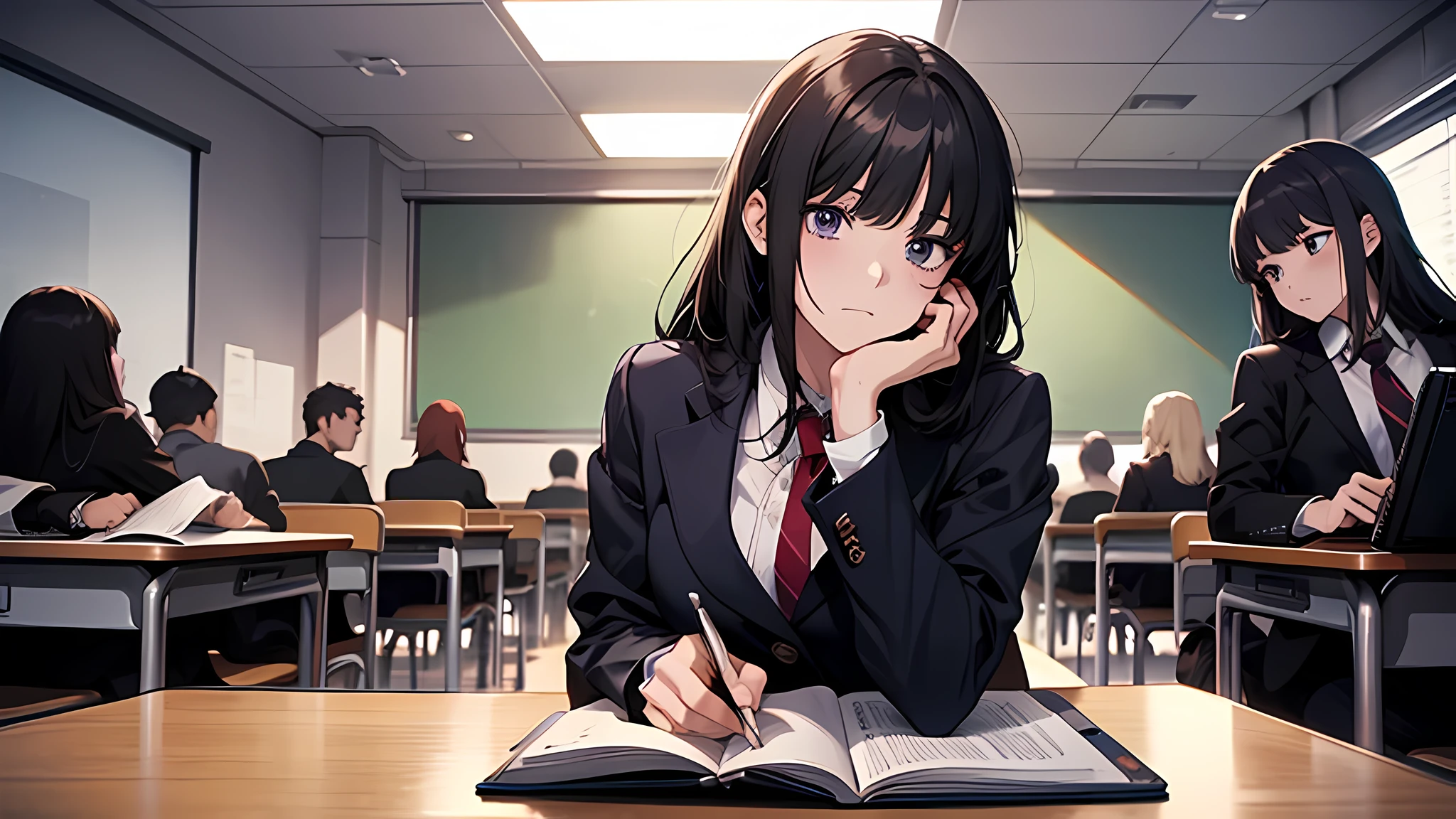 A group of students are sitting in a classroom learning,A group of 1.5(A sea of people 1.5)(Shocked expression 1.5)(The background is School Classroom 1.5)style of anime4 K,Anime rendering,style of anime。8K,Handsome anime face(Upper body display 1.8)(Cinematic lighting 1.5)(Master masterpieces:1.4)(Ultra-high detail1.5)(Best quality1.5), There were students of various grades present, but there were some exceptions.