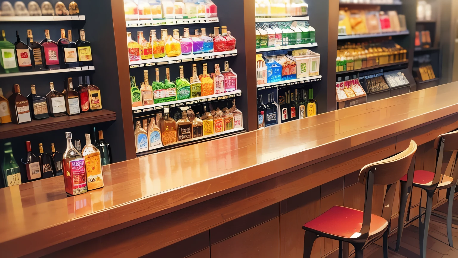The background is a liquor store、Empty bar counter