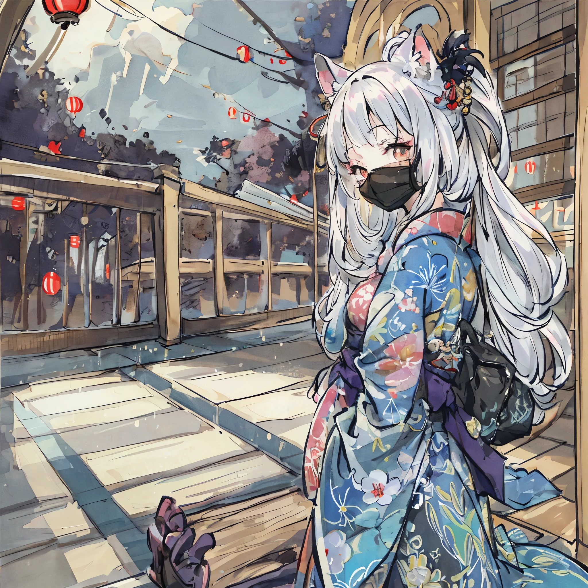 masterpiece, shuimobysim, badashanren, Shukezouma, samurai residence, kimono, katana, bamboo, tatami mats, lanterns(super cute 1girl, solo, kemono, furry anthro),