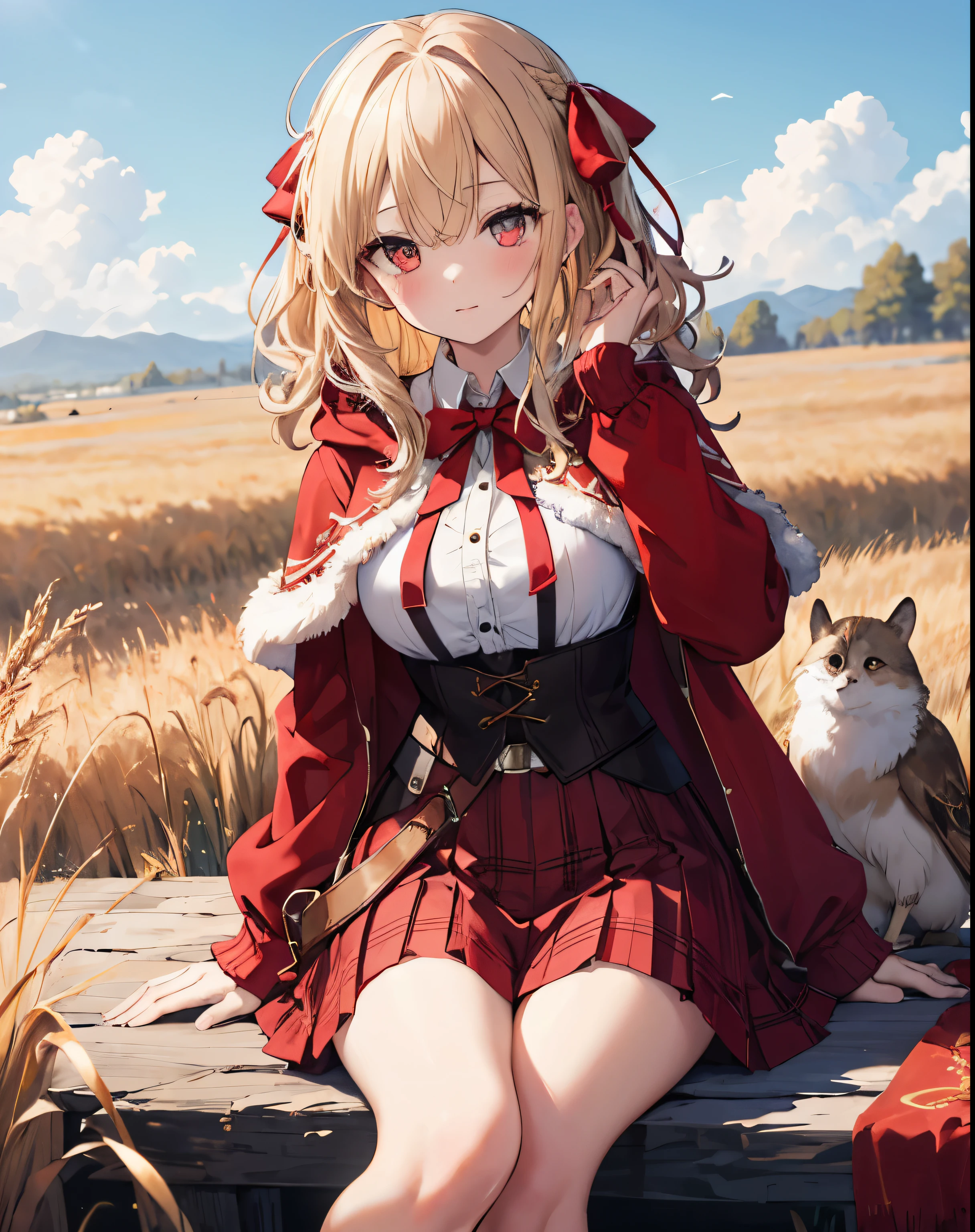 masterpiece,1girl, sparrow, a blonde haired girl, wearing a medieval european villager clothes, curly medium hair, messy hair, red skirt, short red capelet with furry hoody, slim body, medium breasts, she close her left eye, shirt ornament, lolippai, hair ribbon, innocent face, beautiful breasts, rounded breasts, crimson eyes, pleated skirt, plaid skirt, she is the red hood girl, she sit in the wheat field