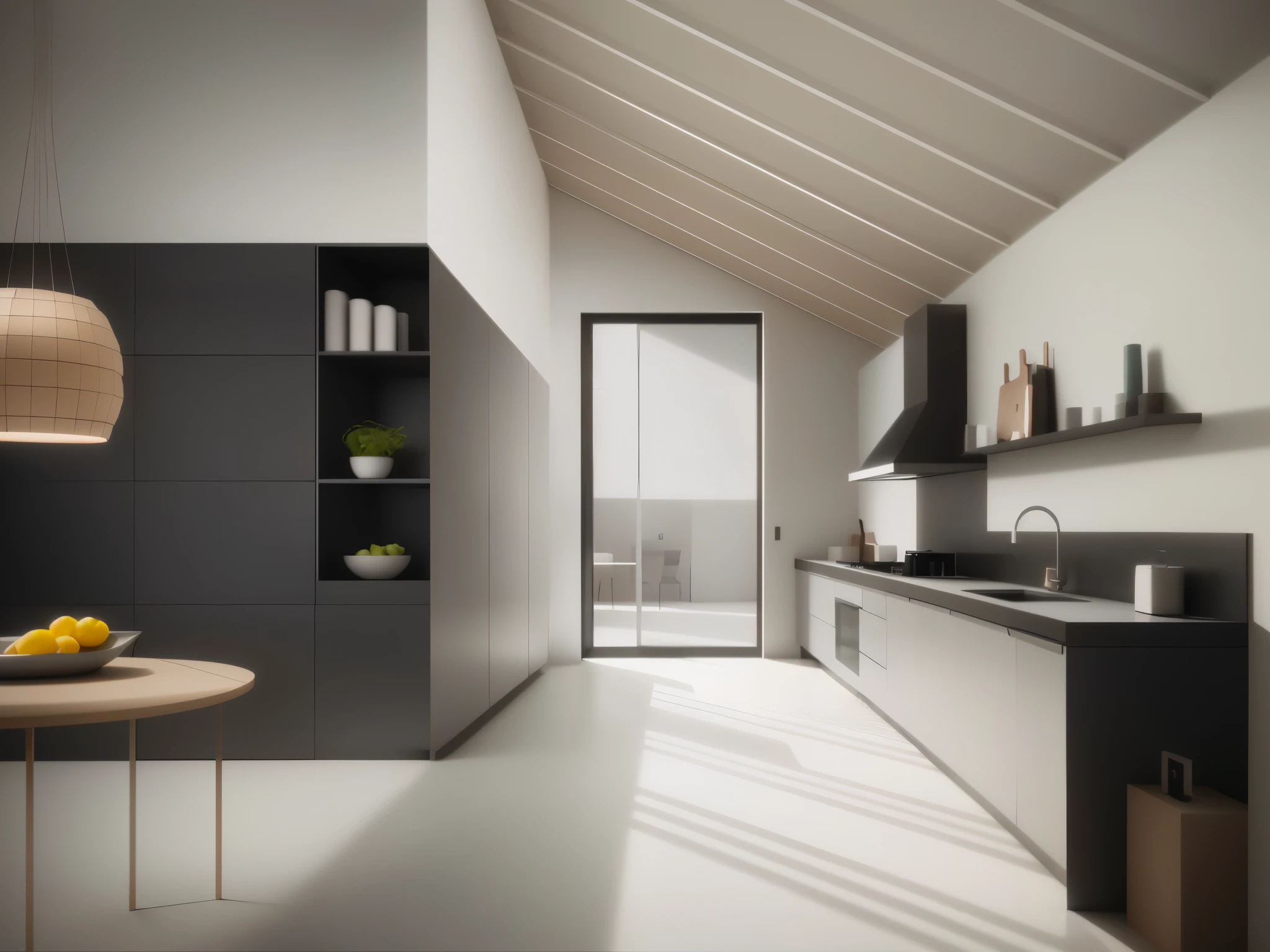There is a kitchen,There is a table,There is a bowl of fruit on the counter, highly photographic rendering, minimal kitchen, photographic rendering, architectural visualization, Render with povray, Architectural 3D rendering, architectural rendering, detailed architectural visualization render, excellent 3d render, Rendering in vray, Very realistic 3D rendering, Perspective 3D octane rendering, Award-winning rendering