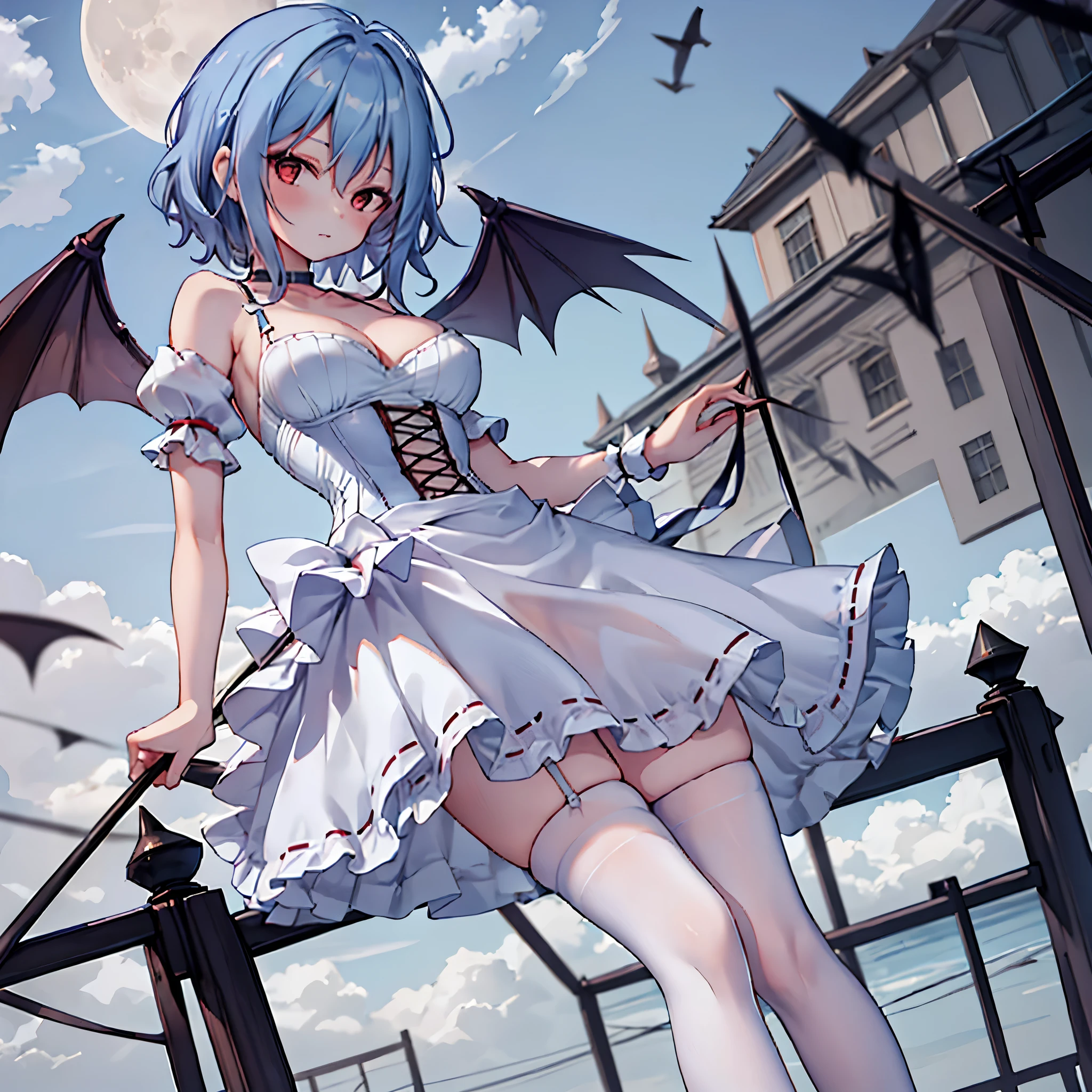Remilia toho character, (solo:1.2), (standing on deck of mansion:1.1), a full moon, midnight, BREAK, short hair, collarbone, (very perky large breasts), (emphasize cleavage), (inconceivably thin waist:1.3), (very short thin torso:1.2), very long (thin legs), emphasize thigh gap, BREAK, sheer white dress with (plunging neckline:1.1), shoulder straps, (brown wiry corset cinches waist too tight:1.4), frilled (too short white miniskirt), (light blue thighhighs), BREAK, nose blush