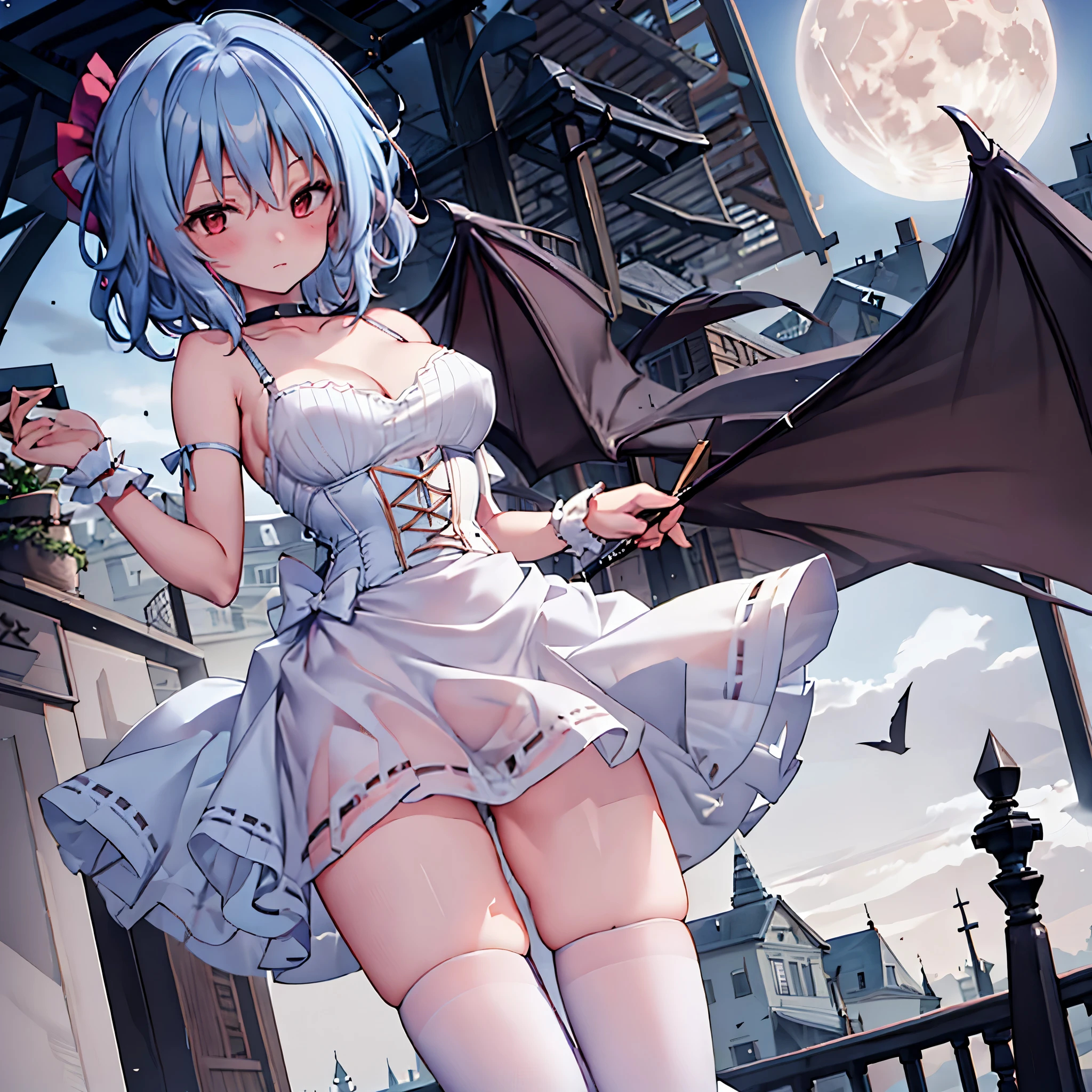 Remilia toho character, (solo:1.2), (standing on deck of mansion:1.1), a full moon, midnight, BREAK, short hair, collarbone, (very perky large breasts), (emphasize cleavage), (inconceivably thin waist:1.3), (very short thin torso:1.2), very long (thin legs), emphasize thigh gap, BREAK, sheer white dress with (plunging neckline:1.1), shoulder straps, (brown wiry corset cinches waist too tight:1.4), frilled (too short white miniskirt), (light blue thighhighs), BREAK, nose blush