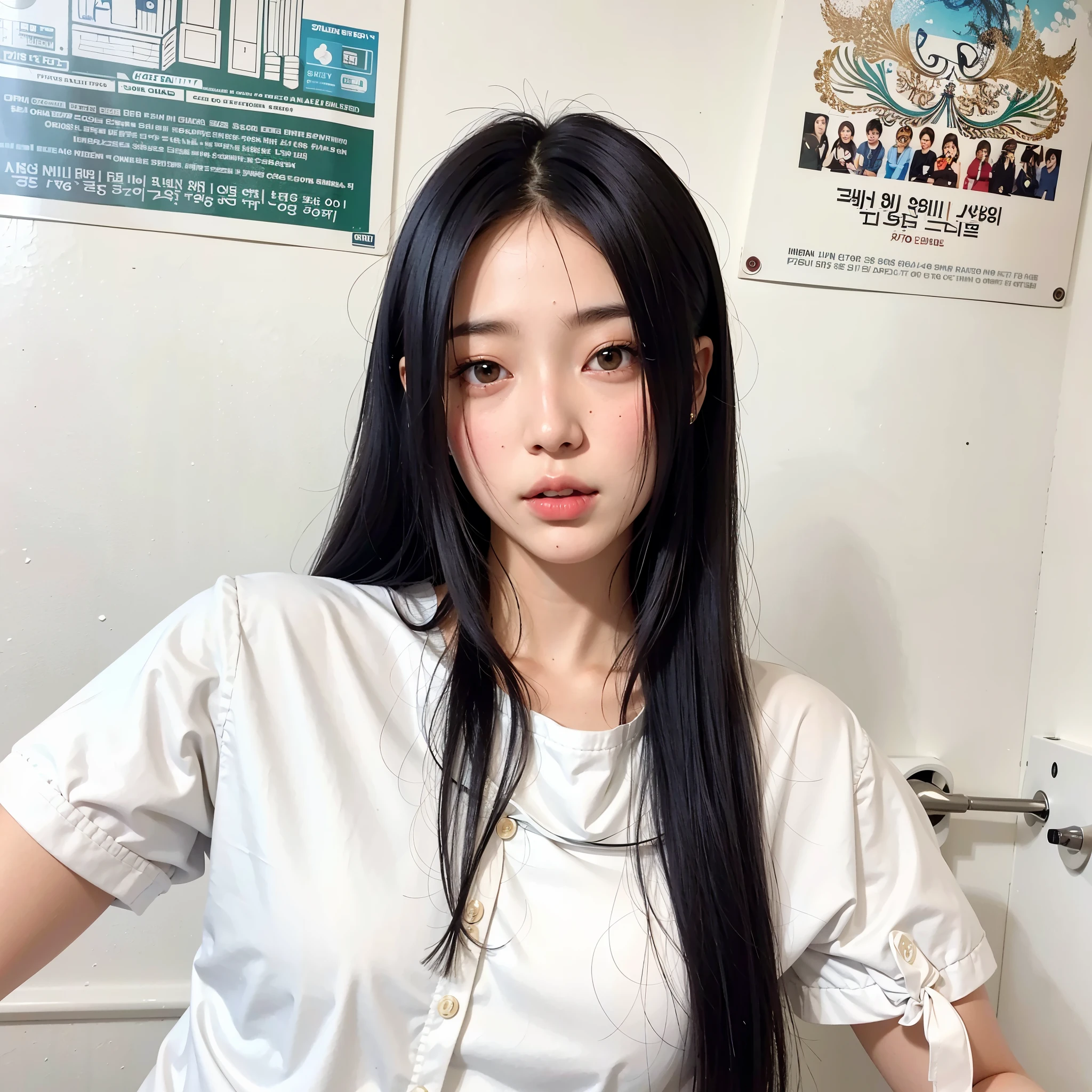 There's a woman who's sitting on a bed with a remote control., con cabello largo, peinado de corte hime blanco, jaeyeon nam, muchacha coreana, ulzzang, asian girl con cabello largo, Jinyoung Shin, con pelo negro liso, joven y adorable rostro coreano, hermosa mujer surcoreana, hermosa joven coreana, heonhwa choe, pale korean adorable face