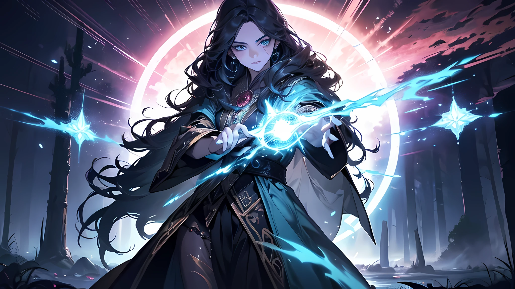 A powerful wizard, standing in a mystical forest. Their flowing robes adorned with symbols, arms outstretched, eyes sparkling with arcane energy. As their incantation escapes their lips, vibrant, swirling patterns of dark magic manifest in the air, pulsating with hues of reds and blues. Enchantment permeates, causing flowers to bloom, creatures to gaze in awe. Wisps of magic energy dance, revealing hidden realms, unlocking secrets. Capture the essence of this spellbinding moment, bringing the mystic power of the dark enchantment to life on the canvas with the highest quality and detail. Best quality, masterpiece, ultra high res, (photorealistic:1.4), raw photo, sharp focus, HDR, detailed skin, Too low, that’s so crazy. Even if mental power is high, it will only increase resistance to Illusion-type magic