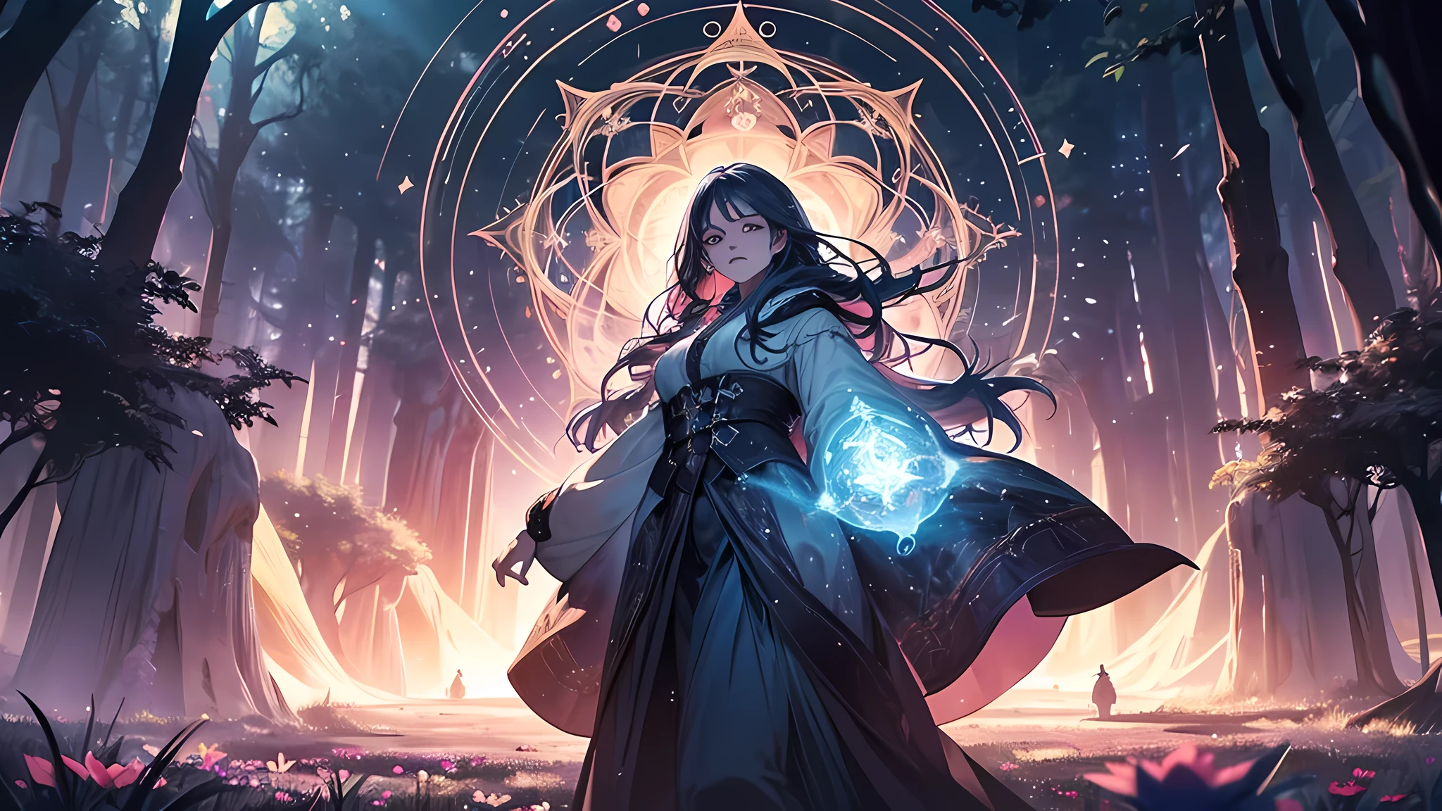 A powerful wizard, standing in a mystical forest. Their flowing robes adorned with symbols, arms outstretched, eyes sparkling with arcane energy. As their incantation escapes their lips, vibrant, swirling patterns of dark magic manifest in the air, pulsating with hues of reds and blues. Enchantment permeates, causing flowers to bloom, creatures to gaze in awe. Wisps of magic energy dance, revealing hidden realms, unlocking secrets. Capture the essence of this spellbinding moment, bringing the mystic power of the dark enchantment to life on the canvas with the highest quality and detail. Best quality, masterpiece, ultra high res, (photorealistic:1.4), raw photo, sharp focus, HDR, detailed skin, Too low, that’s so crazy. Even if mental power is high, it will only increase resistance to Illusion-type magic