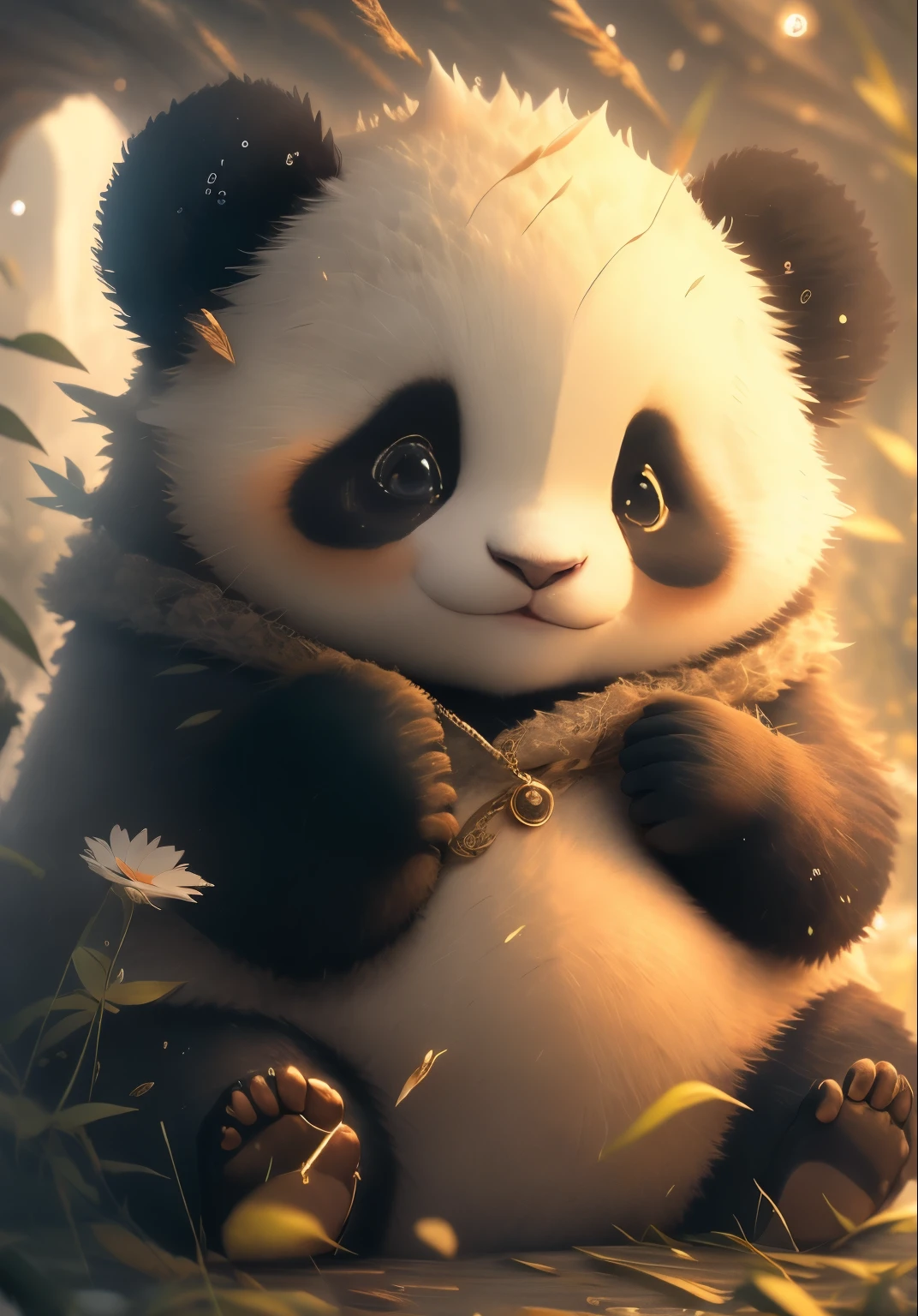 A baby giant panda, blurred, non-human, depth of field, high contrast style, dark and glamorous, wearing DRK, deep shadows, (dark:1.4), opulent, detailed fur, shiny black and white, intense gaze, mystical lighting, misty background, mysterious atmosphere, moody ambiance, exquisite texture, dramatic composition, artistic appeal, engaging perspective, mesmerizing eyes, enchanting beauty, captivating presence, magical aura, captivating charm, intricate patterns on fur, intriguing shadows, alluring pose, majestic creature, divine elegance, intriguing contrast, delicate features, sublime essence, ethereal quality, radiant charisma, sublime aesthetic.