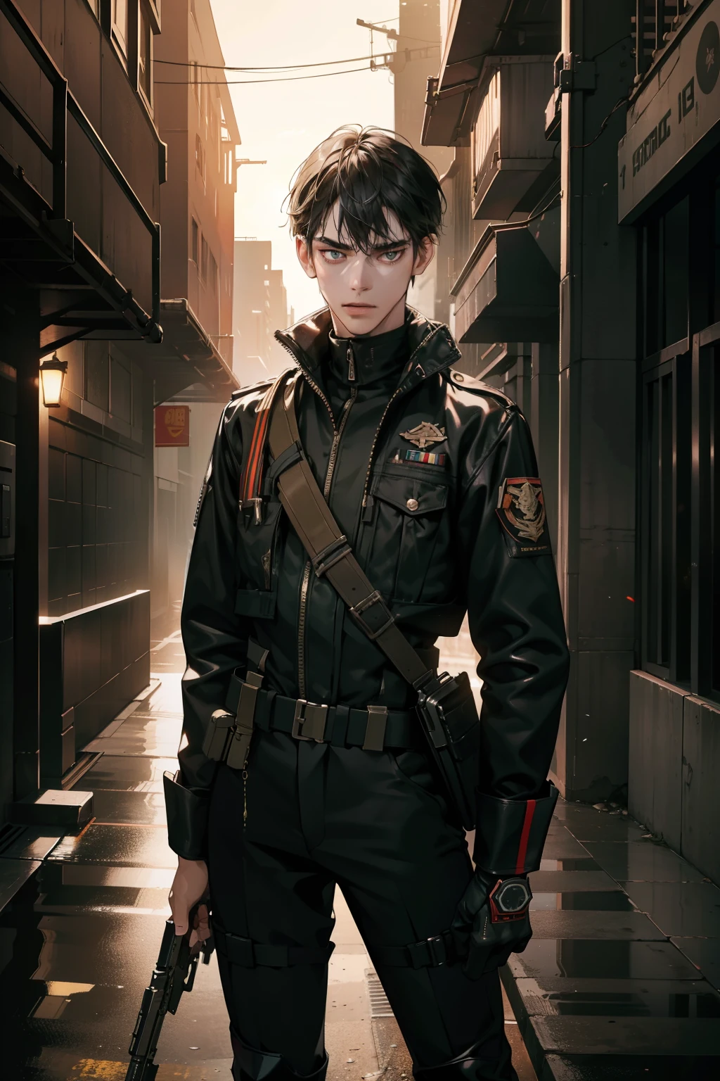 A highly realistic photo of a skinny and lanky -yeld Inesian government agency spy guy, weighing in at only 90 pounds, is seen posing with his legs folded in a sophisticated and alert stance. In one hand, he holds a sleek and menacingly realistic AK-47 pistol, its metallic surface gleaming under the dim and gritty lights of the dystopian background. With his other hand, he wears a pair of futuristic goggles, their lenses reflecting the faint neon glow of the desolate scene. The spy's skeletal frame is accentuated by his tight-fitting military uniform, the fabric cl