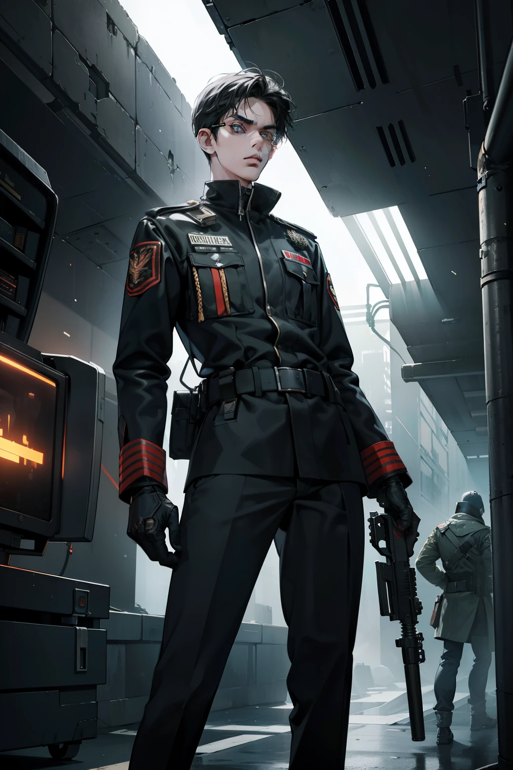 A highly realistic photo of a skinny and lanky 17-year-old Indonesian government agency spy guy, weighing in at only 90 pounds, is seen posing with his legs folded in a sophisticated and alert stance. In one hand, he holds a sleek and menacingly realistic AK-47 pistol, its metallic surface gleaming under the dim and gritty lights of the dystopian background. With his other hand, he wears a pair of futuristic goggles, their lenses reflecting the faint neon glow of the desolate scene. The spy's skeletal frame is accentuated by his tight-fitting military uniform, the fabric cl