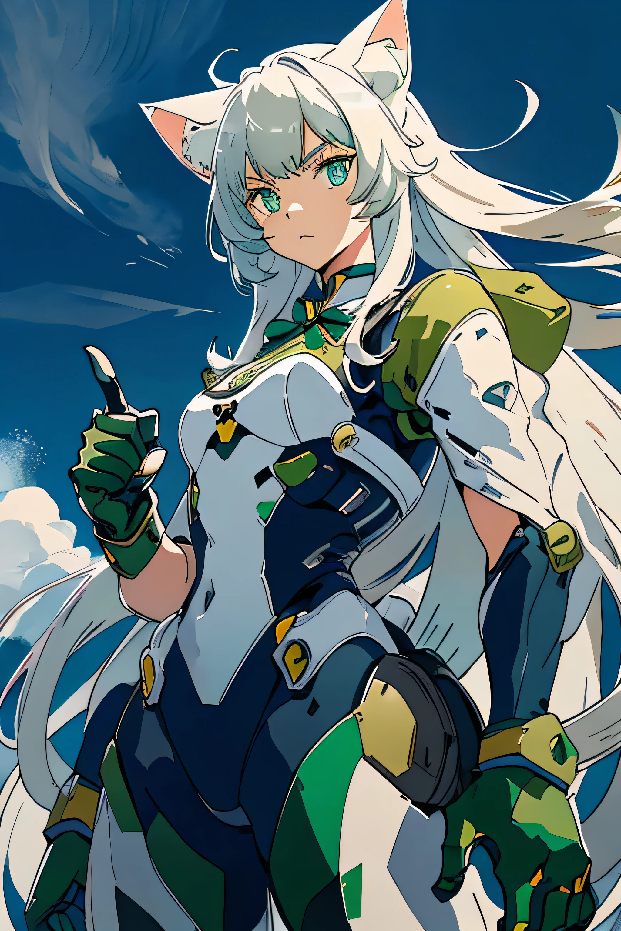 1 Cat-eared maid wearing a mecha suit, Slender fuselage,shining eyes, ((cool pointing pose)),Camouflage pattern, green and white body,((cat ears long hair)),battlefield concept art ,ink art, flat color, high contrast, fashion absurdity, highest quality, negative space,Against the background of blue sky and white clouds