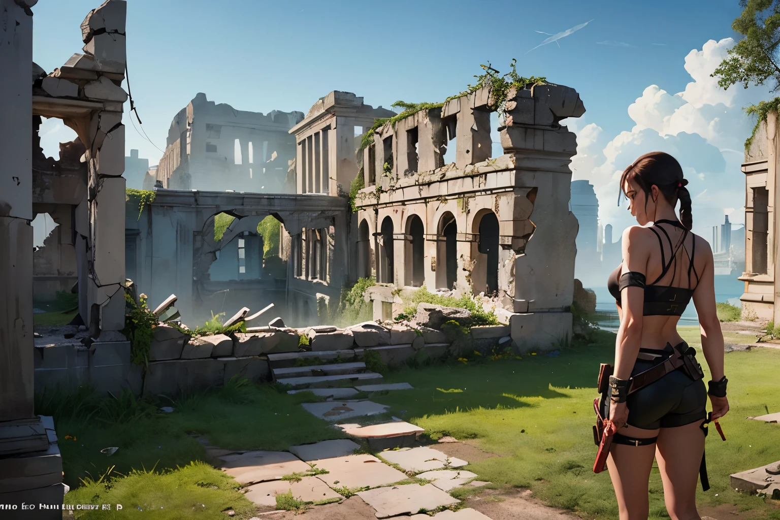 (((landscape of ancient civilization ruins))), there was a beautiful young explorer girl standing in the distance, ((wearing a tomb raider outfit))