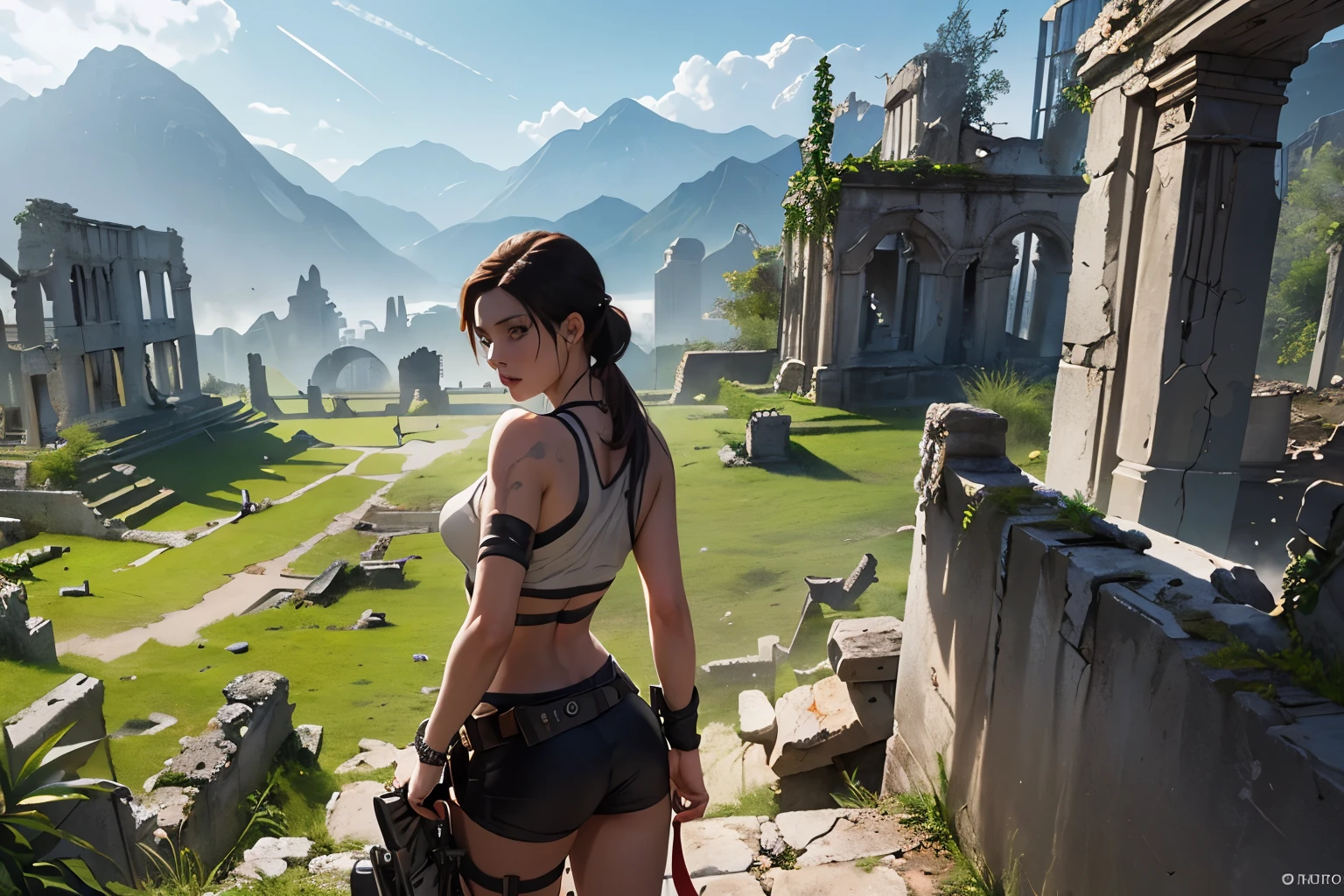 (((Landscape of the ruins of ancient civilizations))), Standing in the distance was a beautiful young explorer girl., ((Wear the Tomb Raider outfit.)), ((wear glasses))