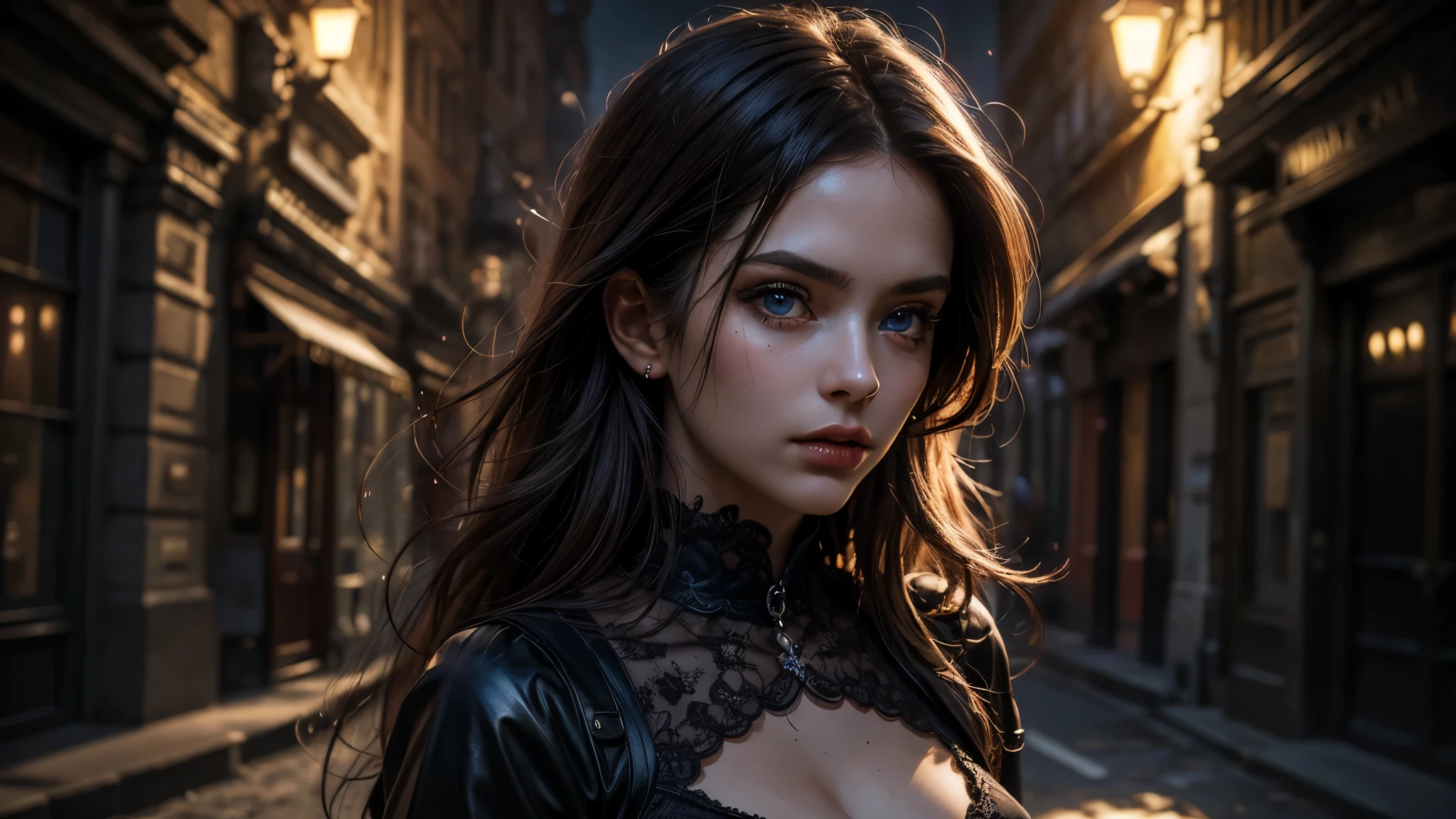 (1 beatiful woman, alone, black dress, detailed dress, blue eyes, very long brown hair, dark, gothic, fantasy), (Surrealism, depth of field, cinematic lighting, ray tracing, 85mm, close-up, dramatic pose, digital art, dramatic photo, symmetrical eyes, complex background), (masterpiece, textured skin, super detail, award winning, best quality, 16k, HDR),
