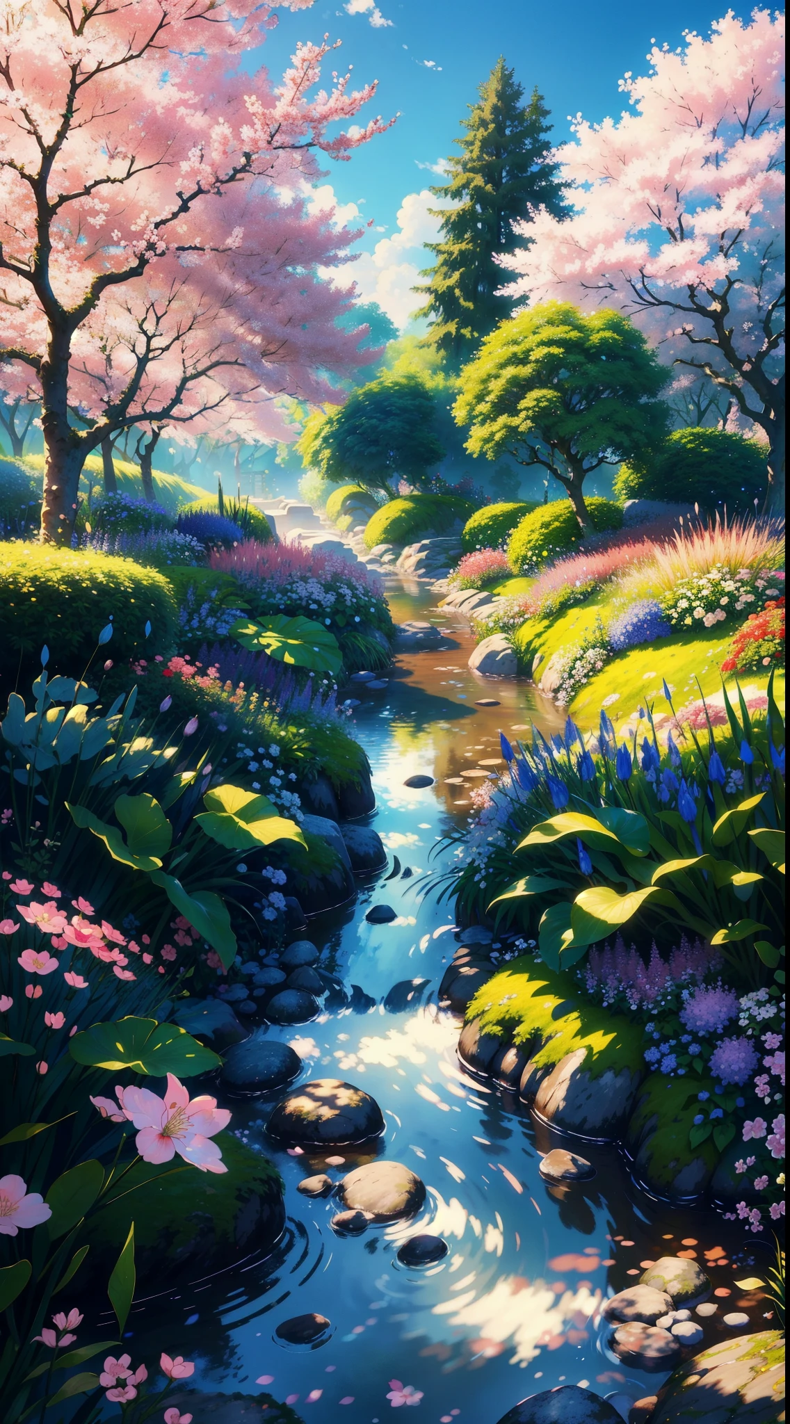 (Illustration:1.3), (secret garden), lush, floral, rose, (cherry blossom trees,botanical), summer morning (light blue)sky, floating cloud, sunlight reflecting on flours and small water river which is flowing through the garden (realistic:1.5), (good shading), good architecture, sun light, blue sky, cloudy, volumetric lighting, cinematic, fantasy forest garden, (highest quality, award winning, masterpiece:1.5),