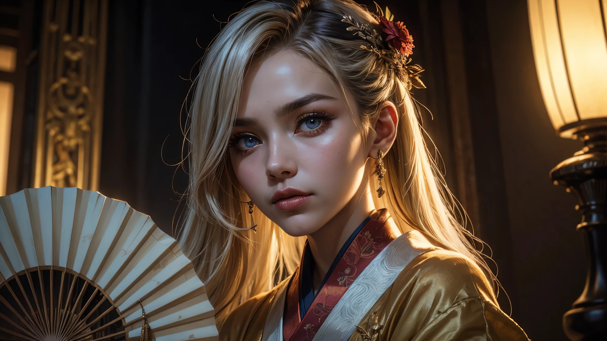 (1 beatiful woman, alone, heterochromia eyes, very long white hair, japanese clothes, golden hanfu with red, japanese fan, japanese accessories, japanese architecture, mist, fantasy), (Surrealism, depth of field, cinematic lighting, ray tracing, 85mm, close-up, dramatic pose, digital art, dramatic photo, symmetrical eyes, complex background), (masterpiece, textured skin, super detail, award winning, best quality, 16k, HDR),