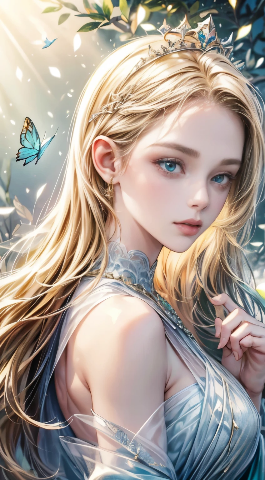 Elegant blonde forest queen, dew And frost, bar lighting, stands in a Sunlight clearing in winter, her hair hanging down her back, as butterflies and dandelion spores flutter around her, Beautiful woman portrait, medium shot panoramic portrait, perfect Detailed face, Detailed symmetrical blue-green eyes and round irises soft natural light, Symmetrical, natural skin texture, soft light, Detailed face, photorealism, Soft colors sparkle, looking into camera, frost snow background, , sharp focus, 8k, perfect composition, Popular topics on Artstation, Winning photo, Unreal Engine 5, as smooth as, intricate details, Studio photos, Very detailed. simple background, Ultra-detailed gold filigree dress, gesture to the sun, A flowing golden robe, Good shape, {{whole body}}, , hair with dew And frost, Sunlight, Glitter on the dress, And frost, Super detailed clothes and hair, Pink、blue and butterflies.